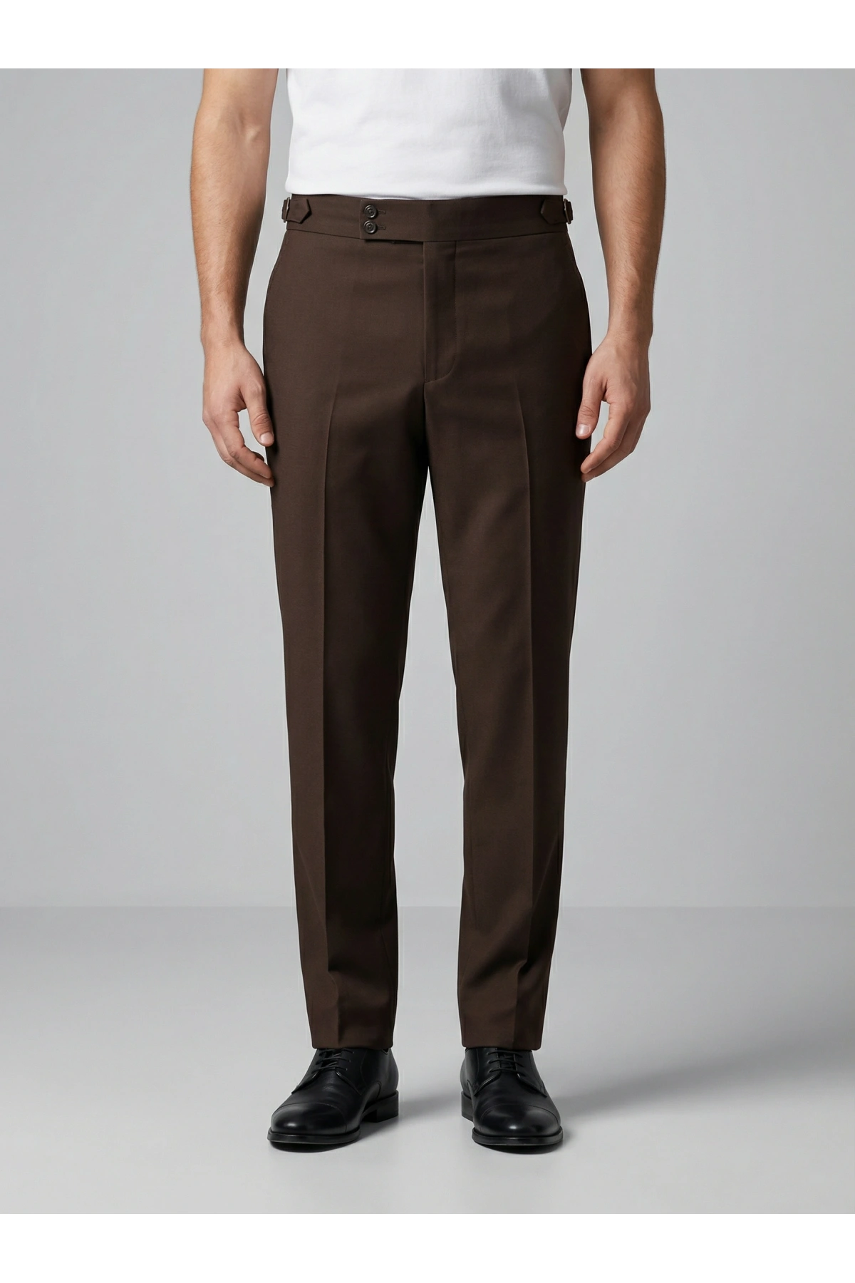 Erkek Dar Kesim Tokalı Yüksek Bel Pileli Duble Paça Keten Pantolon- Kahverengi