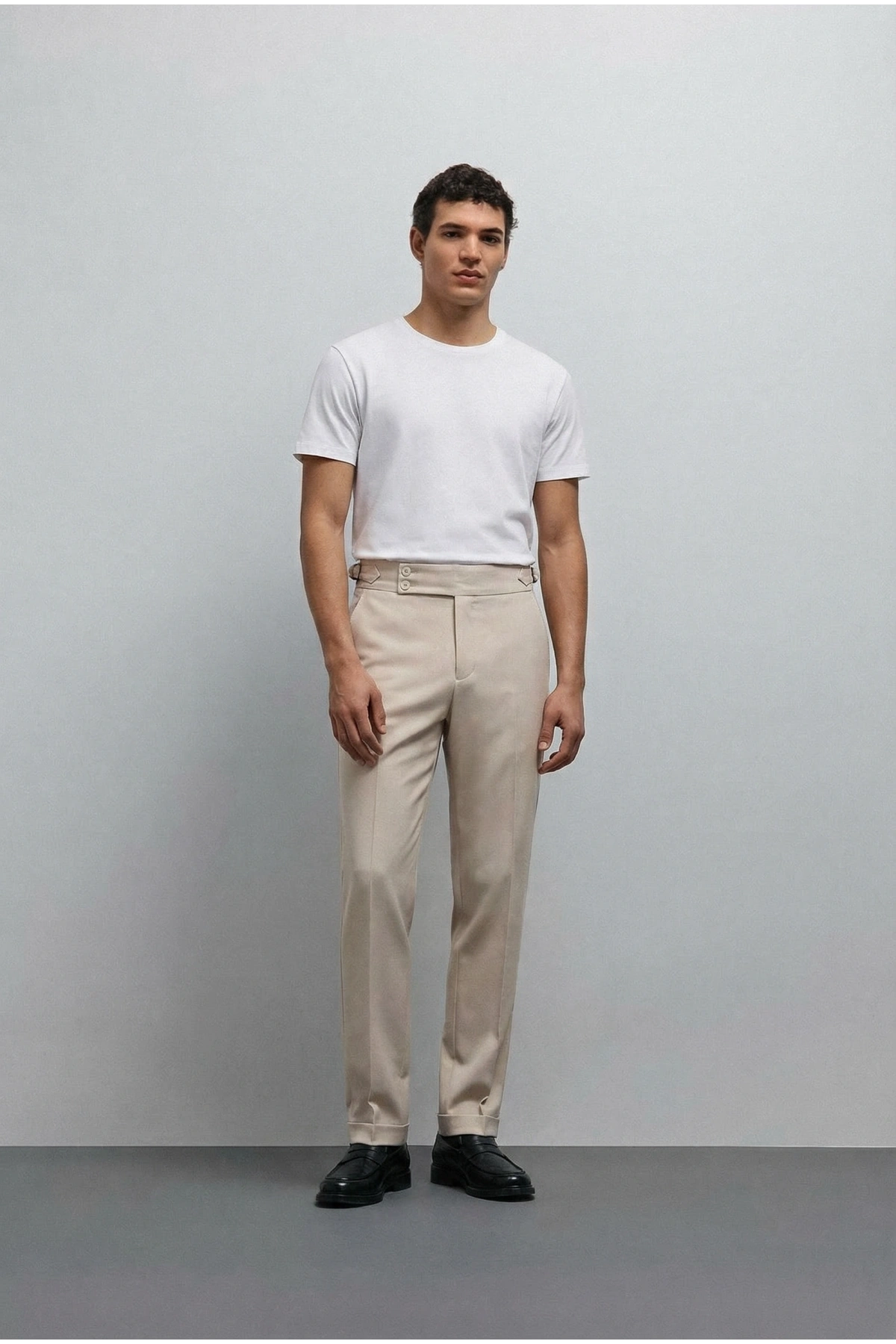 Erkek Dar Kesim Tokalı Yüksek Bel Pileli Duble Paça Keten Pantolon- Krem