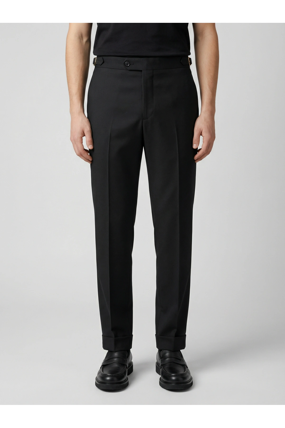 Erkek Dar Kesim Tokalı Yüksek Bel Pileli Duble Paça Klasik Pantolon -Siyah