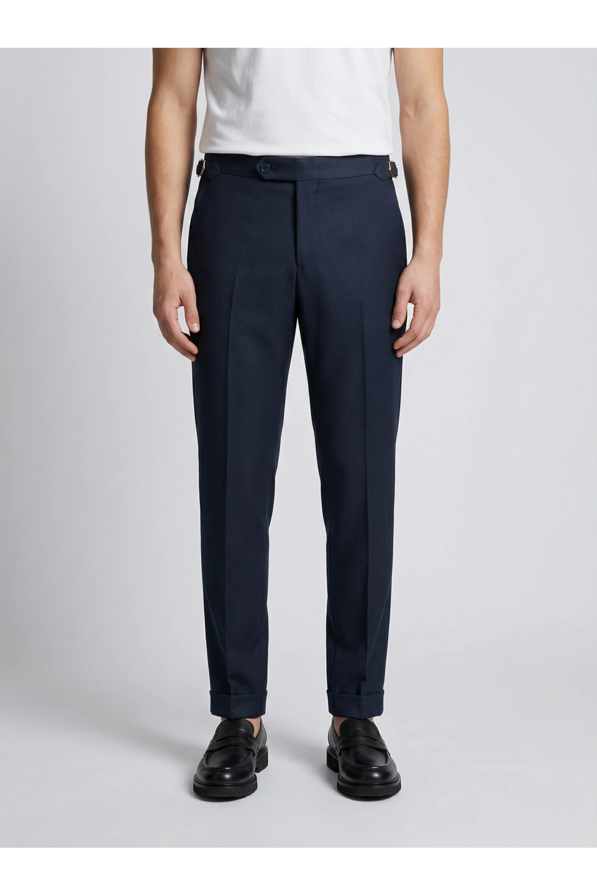 Erkek Dar Kesim Tokalı Yüksek Bel Pileli Duble Paça Klasik Pantolon -Lacivert