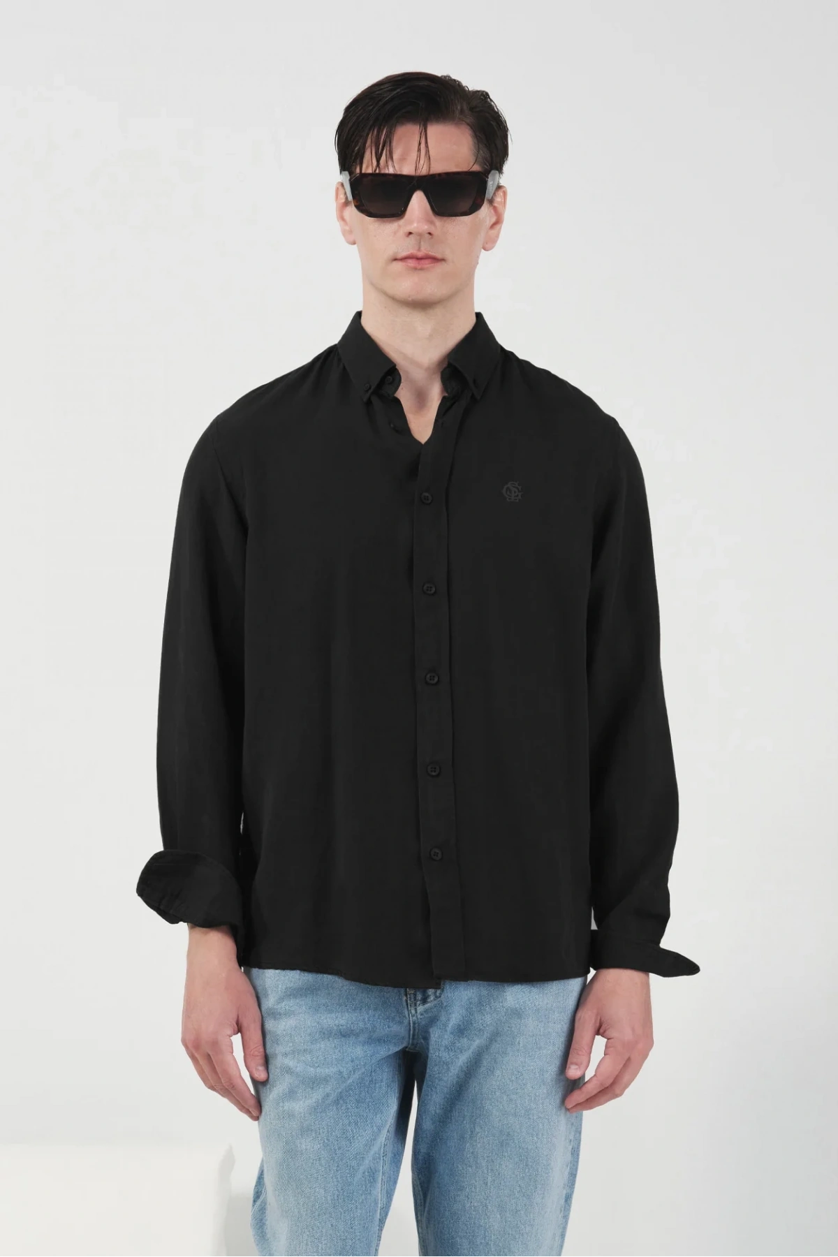 Erkek Tensel Kumaş Owersize Uzun Kollu Gömlek- Siyah