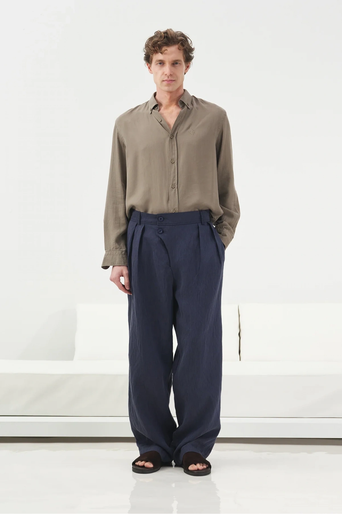 Erkek Tensel Kumaş Owersize Uzun Kollu Gömlek- Haki