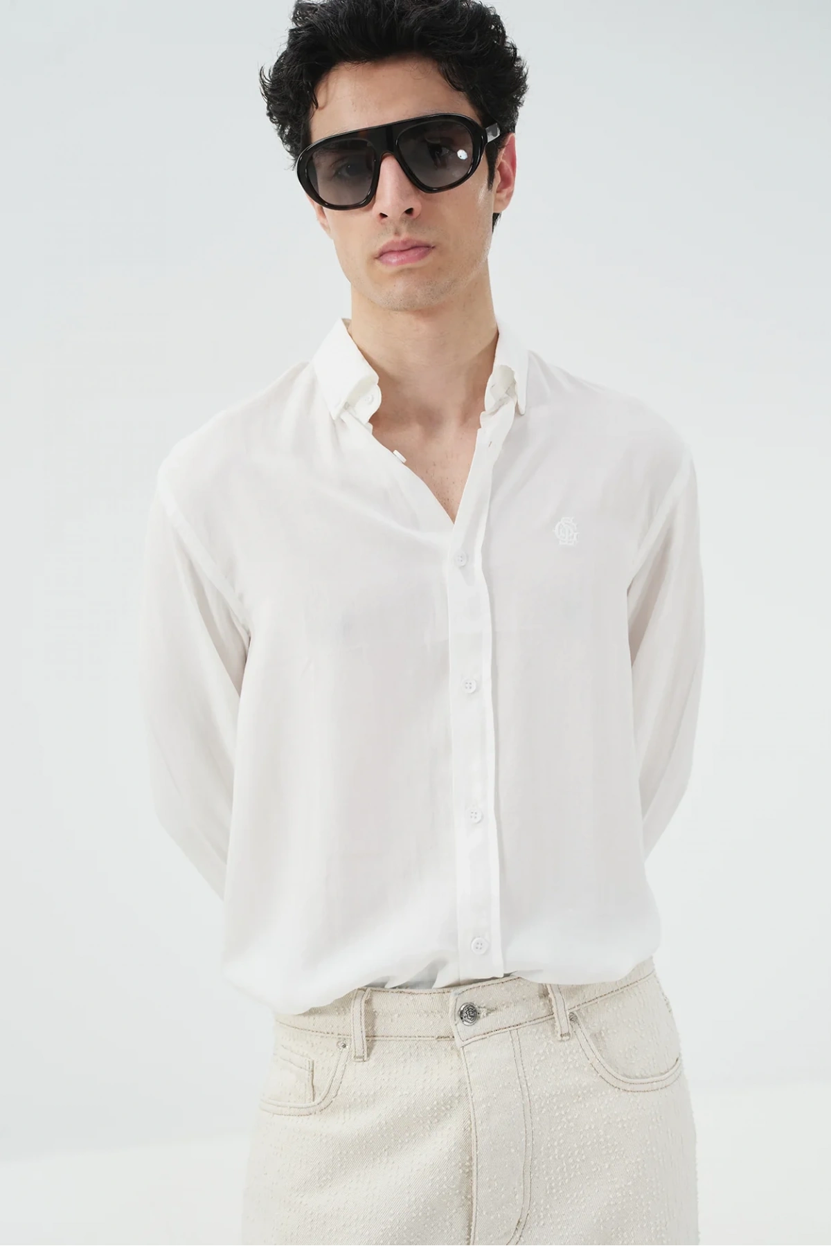 Erkek Tensel Kumaş Owersize Uzun Kollu Gömlek- Beyaz