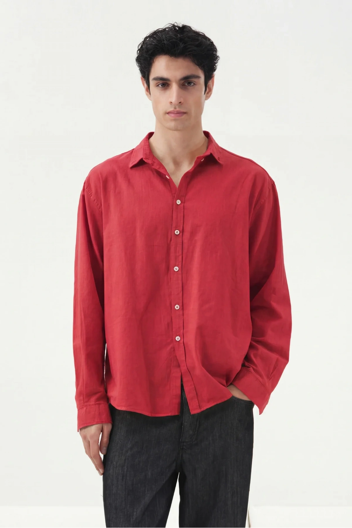 Erkek Owersize Fresh Keten Gömlek- Kırmızı