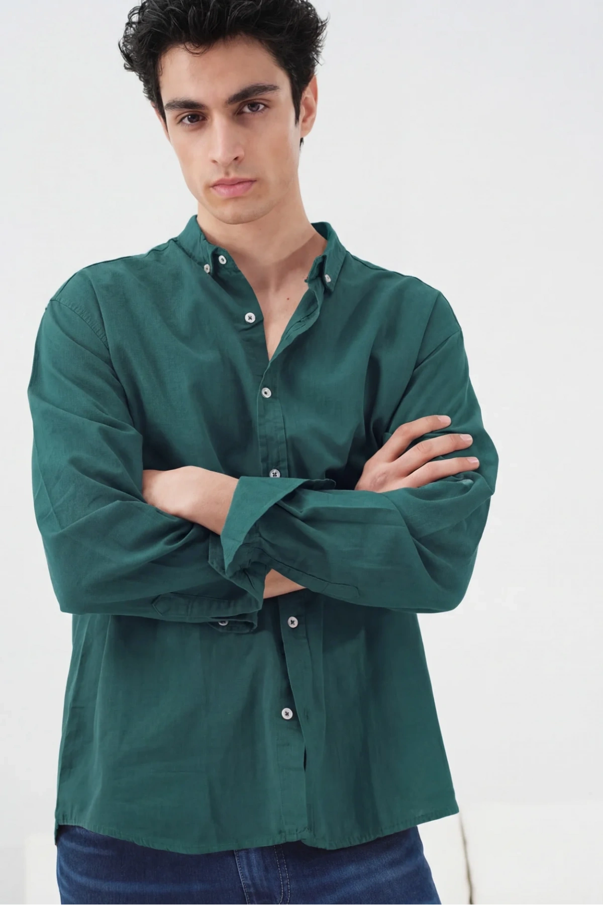 Erkek Owersize Fresh Keten Gömlek- Yeşil