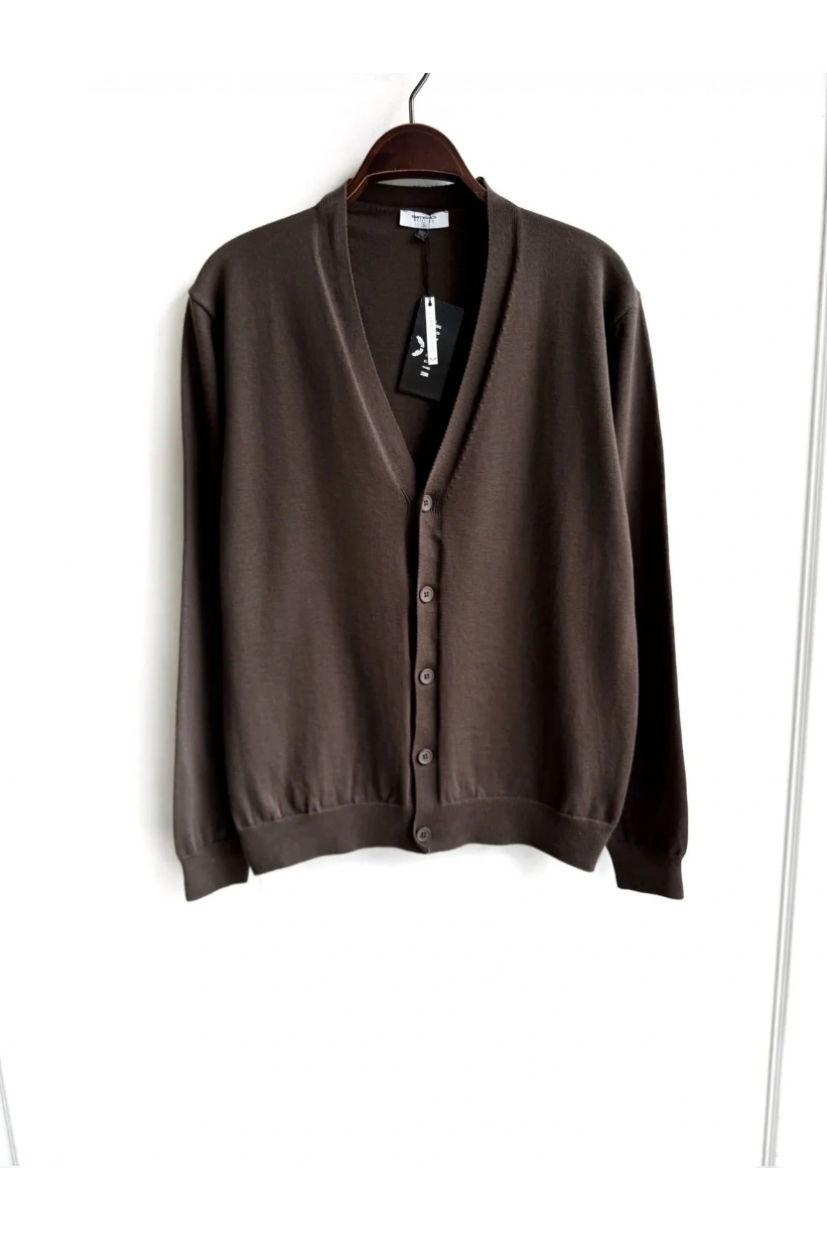 Erkek Normal Kesim Uzun Kollu Düğmeli Hırka Triko -Kahverengi