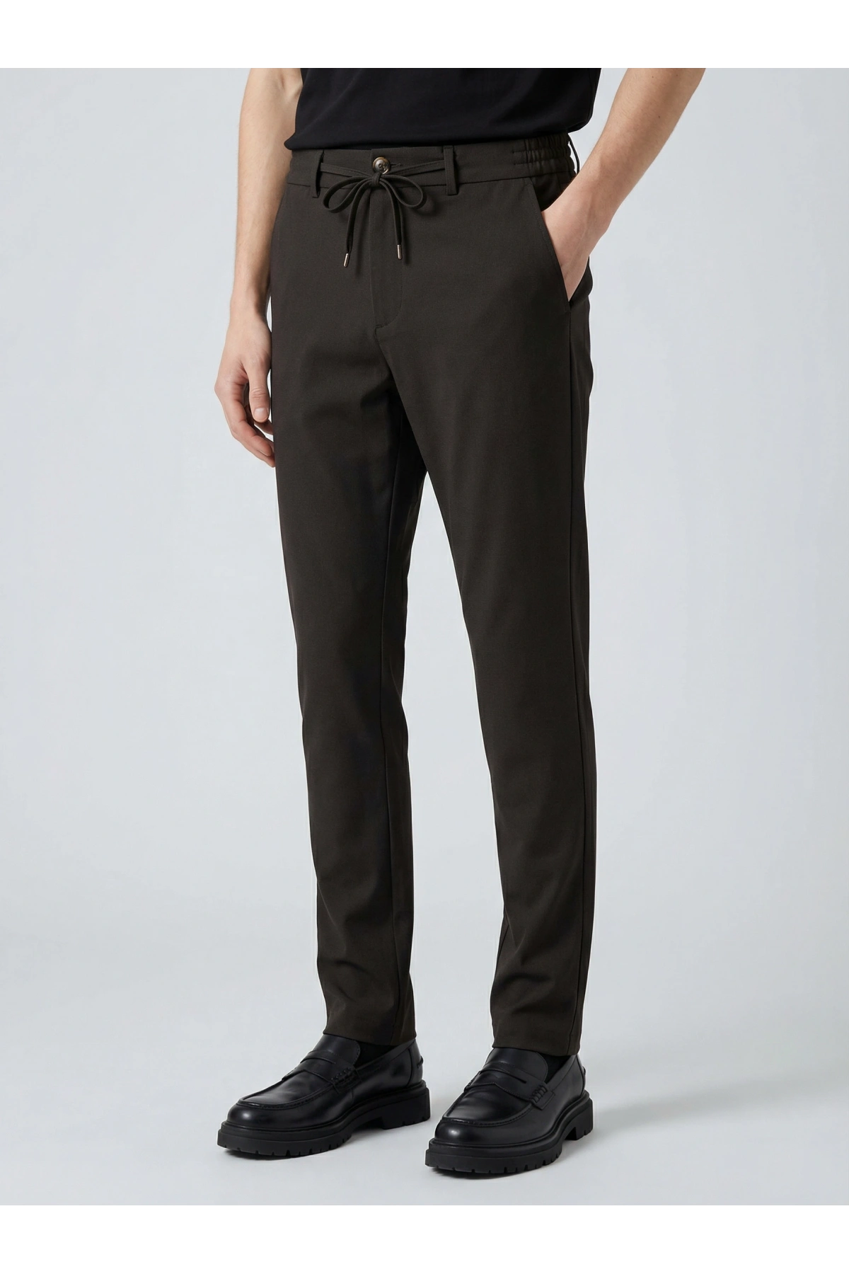 Erkek Beli Lastikli Likralı Joger Pantolon-Kahverengi