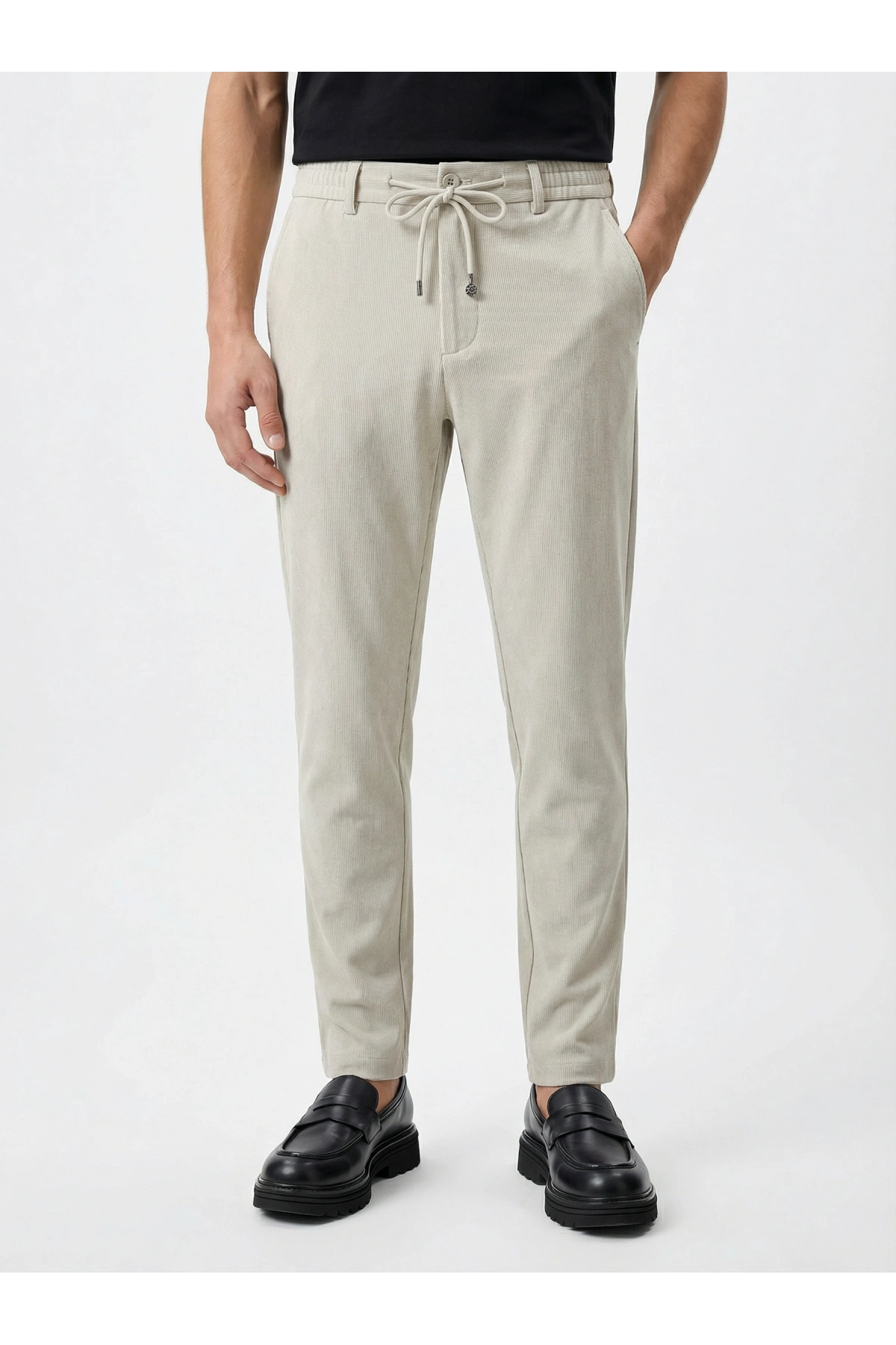 Erkek Beli Lastikli Likralı Joger Pantolon-Krem