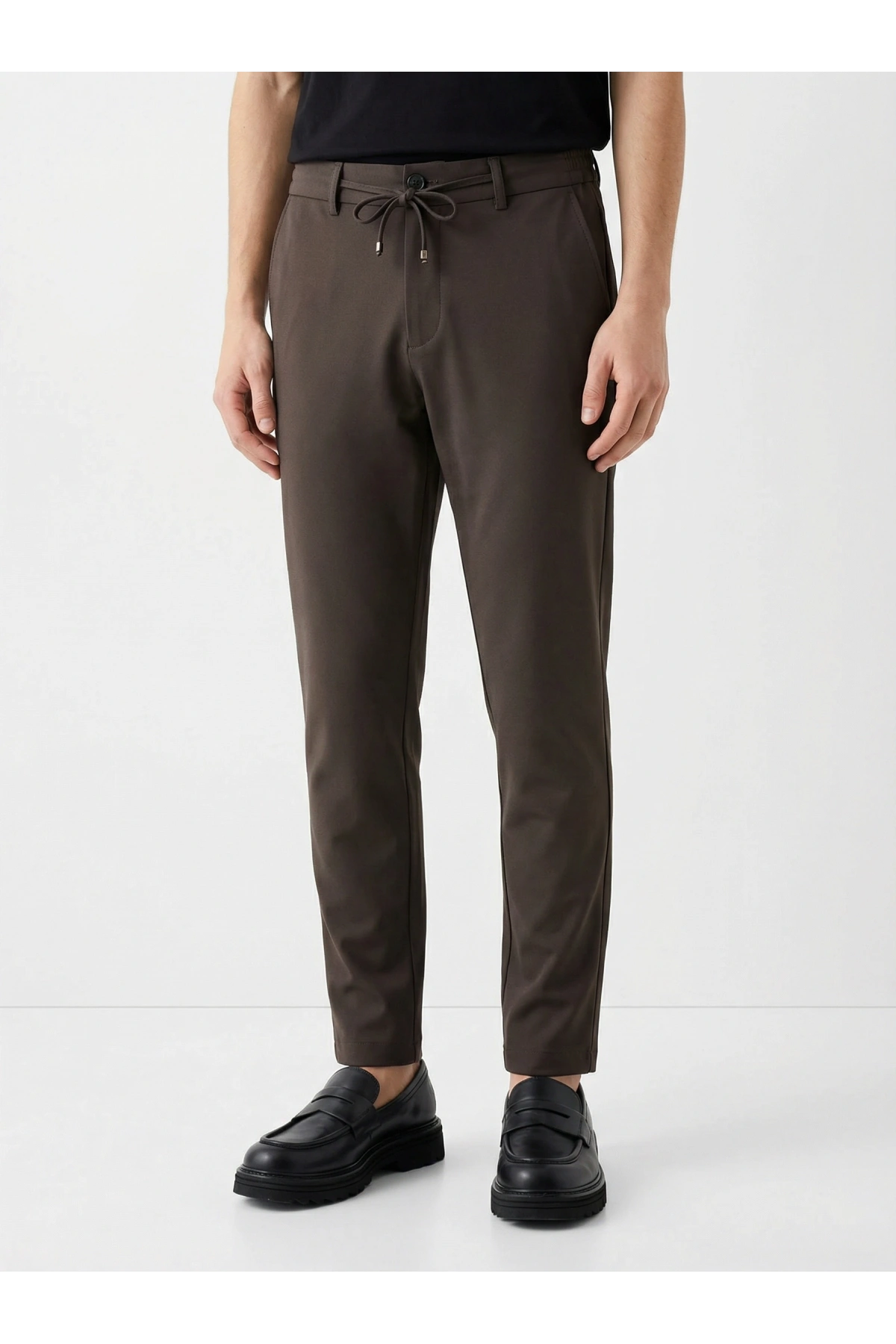 Erkek Beli Lastikli Likralı Joger Pantolon-Kahverengi