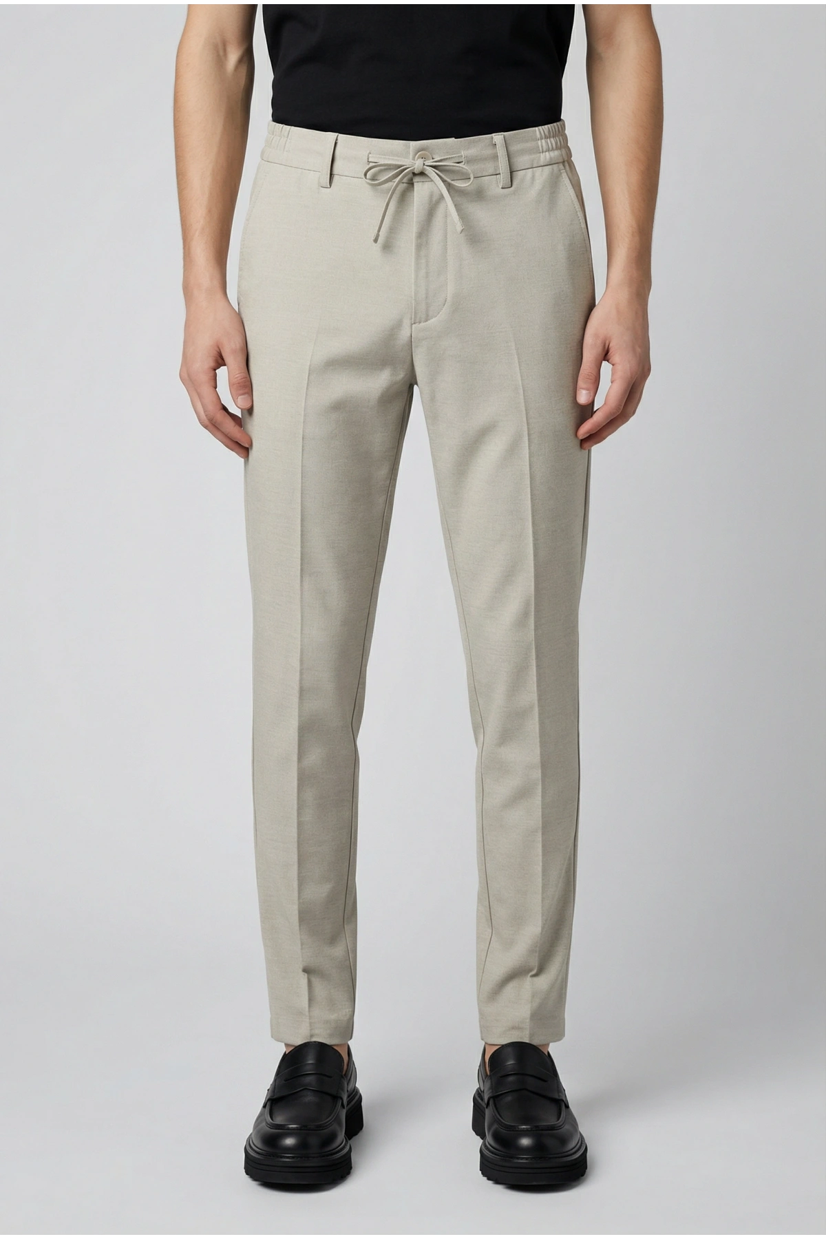 Erkek Beli Lastikli Likralı Joger Pantolon-Krem