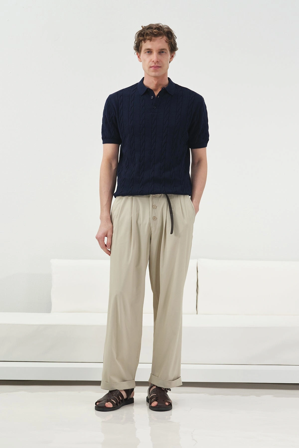 Erkek Normal Kalıp Polo Yaka Triko Kuma Thişört - Lacivert