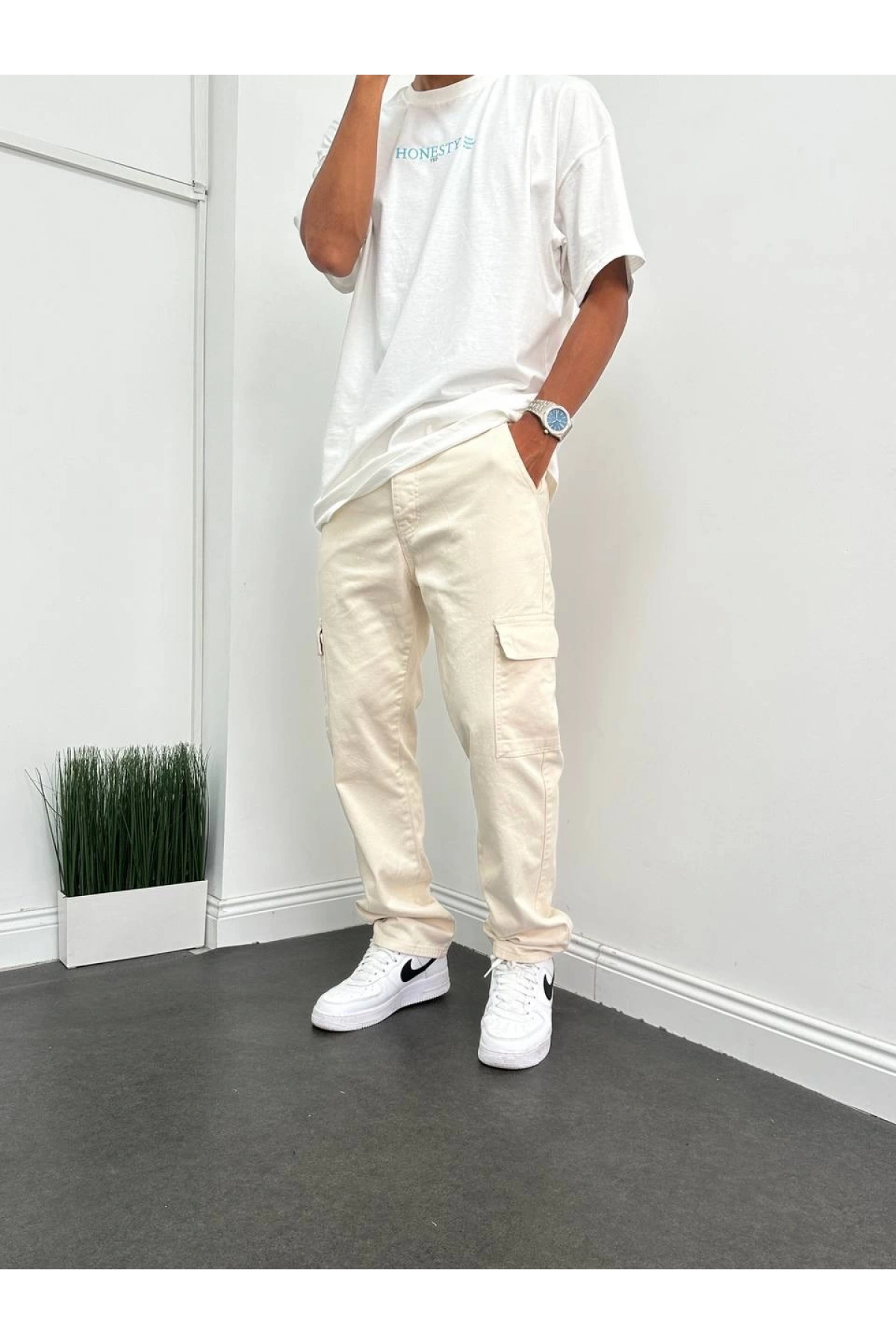 Erkek Bagy Kalıp Cepli Kargo Pantolon - Bej