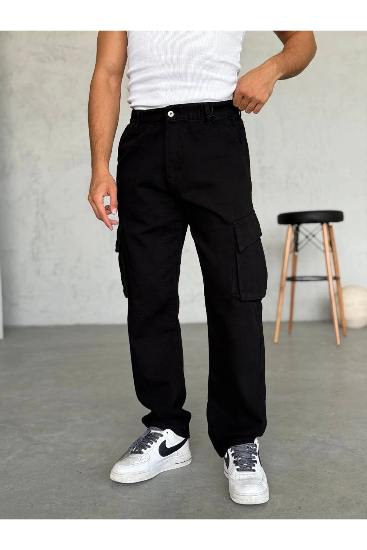 Erkek Bagy Kalıp Cepli Kargo Pantolon -Siyah