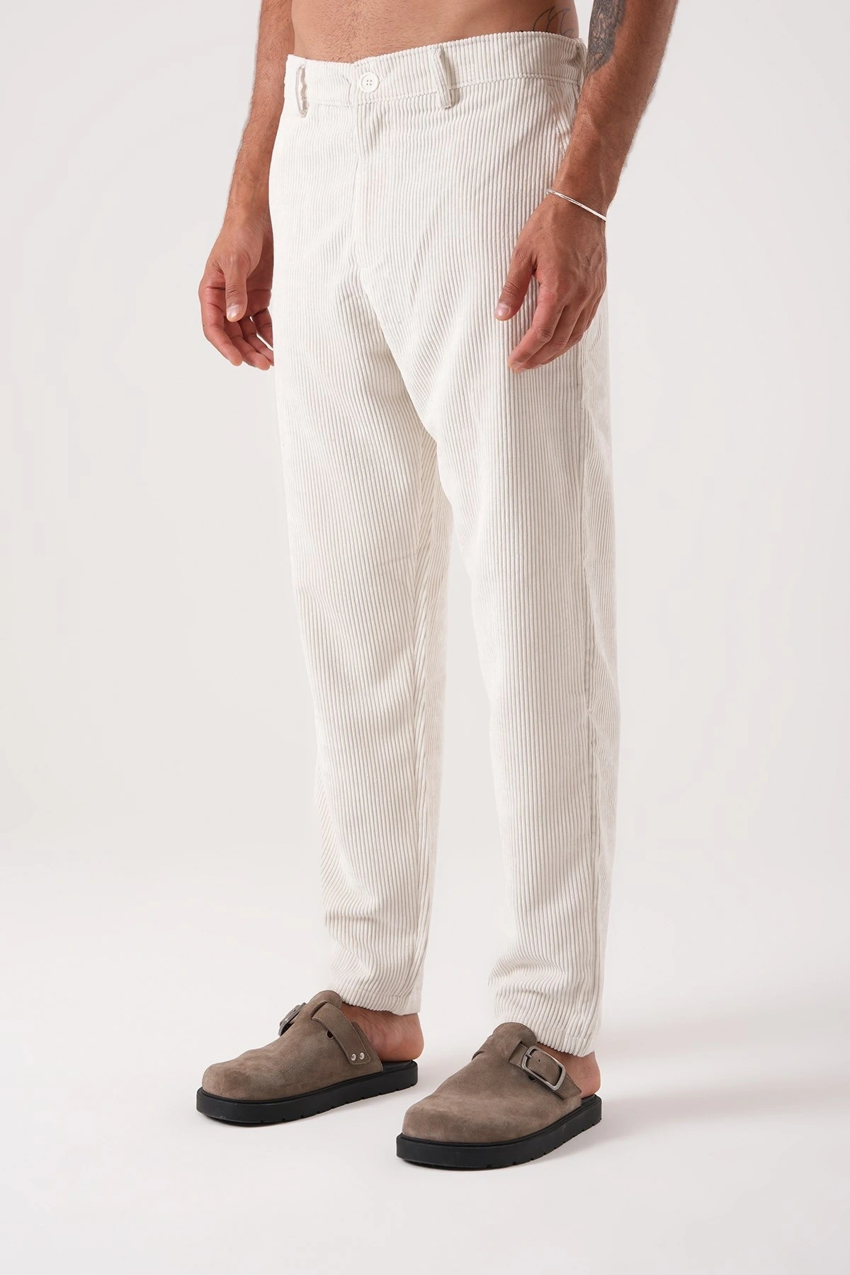 Erkek Bagy Kalıp Kadife Pantolon - Ecru
