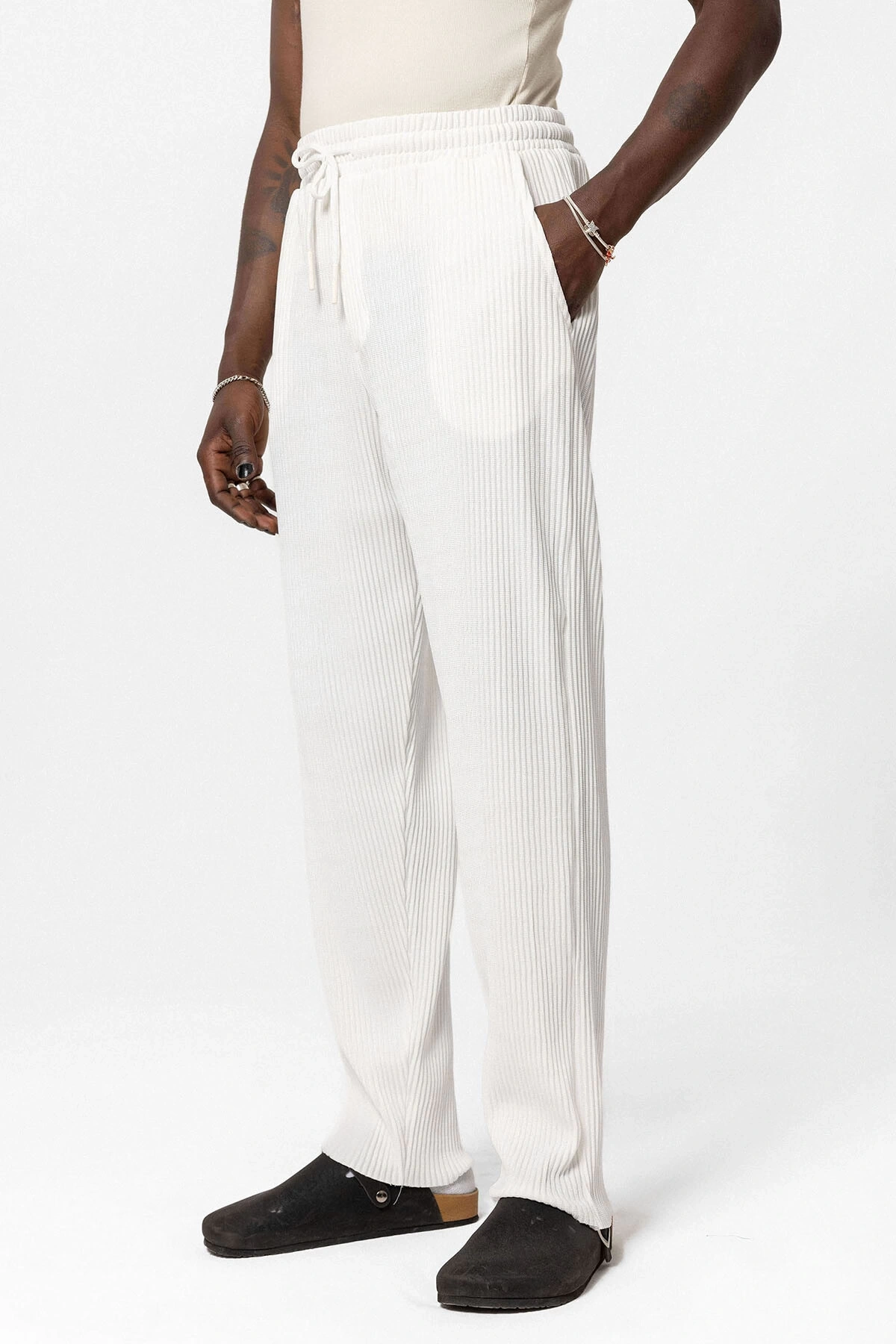 Erkek Beli Lastikli Fitilli Bagy Pantolon-Beyaz