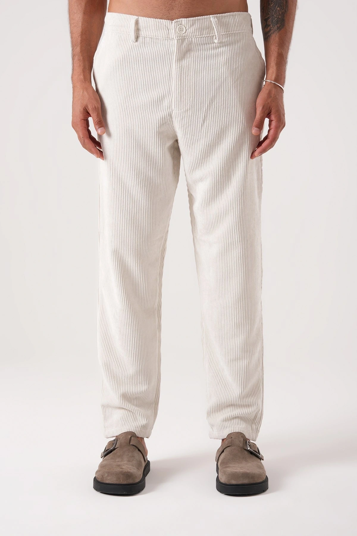 Erkek Beli Lastikli Kadife Bagy Pantolon - Beyaz