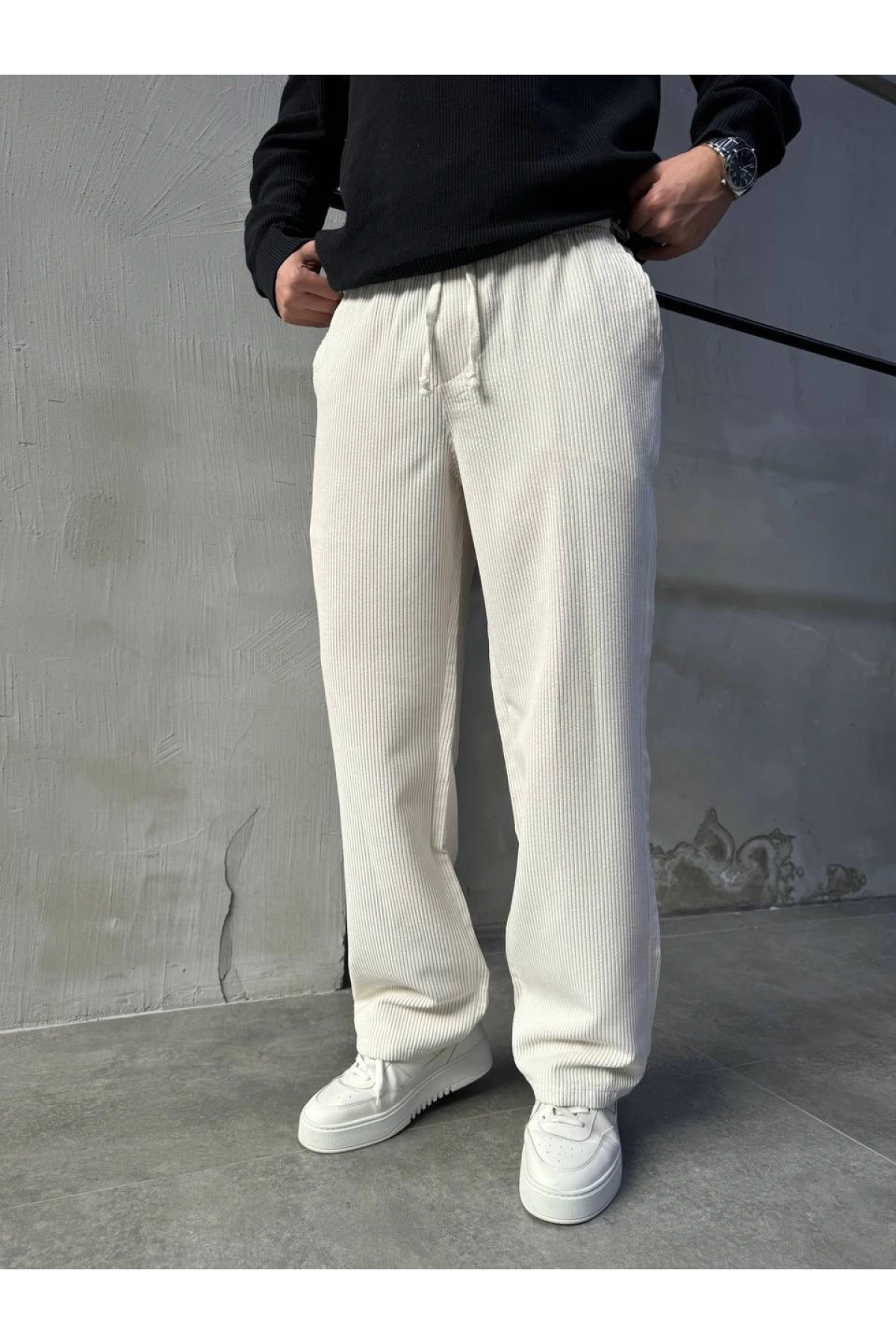 Erkek Beli Lastikli Kadife Bagy Pantolon -Ekru