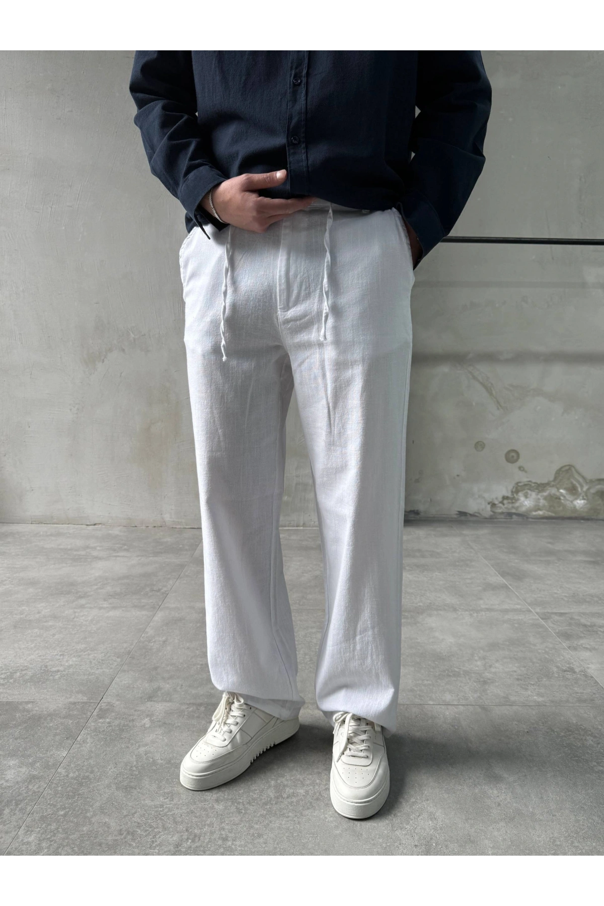 Erkek Beli Lastikli Keten Bagy Pantolon - Beyaz