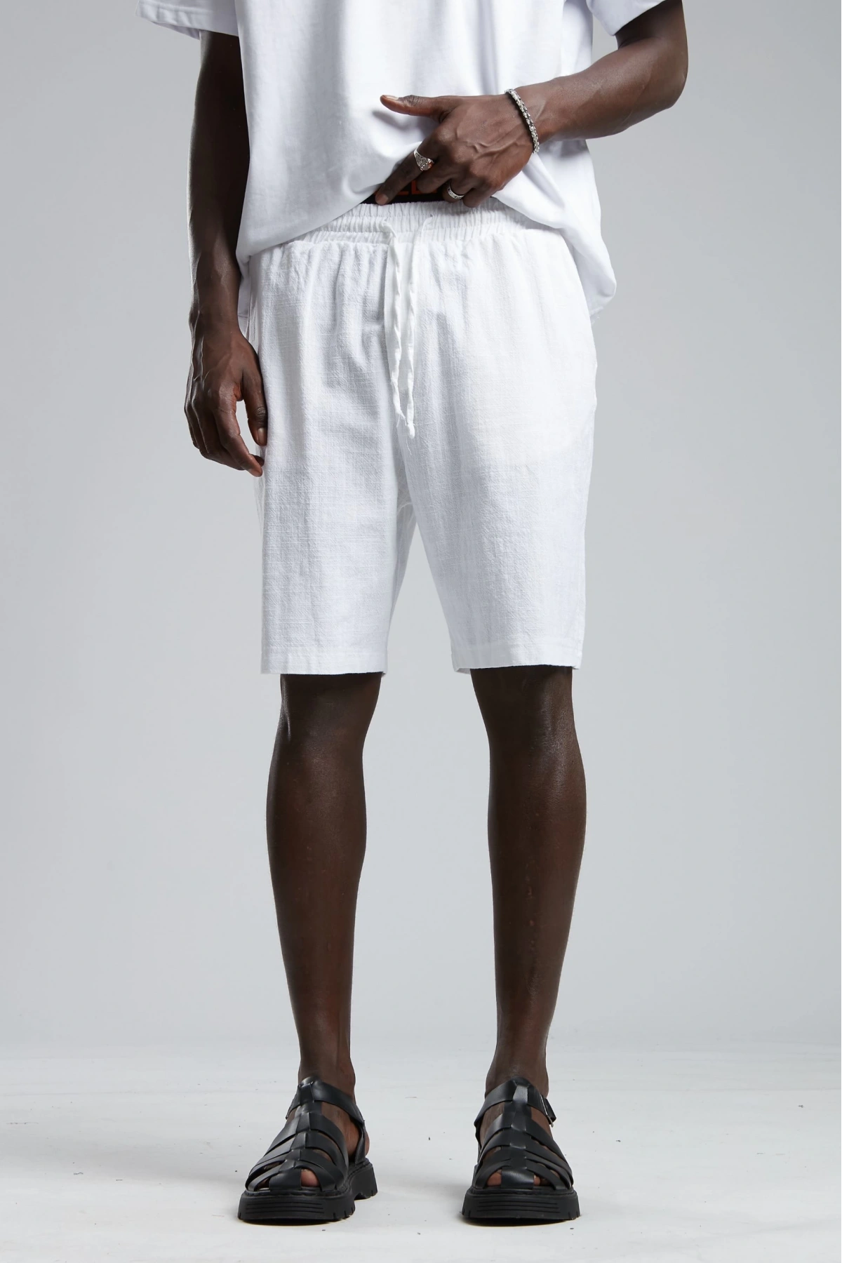 Erkek Beli Lastikli Keten Şort-Beyaz