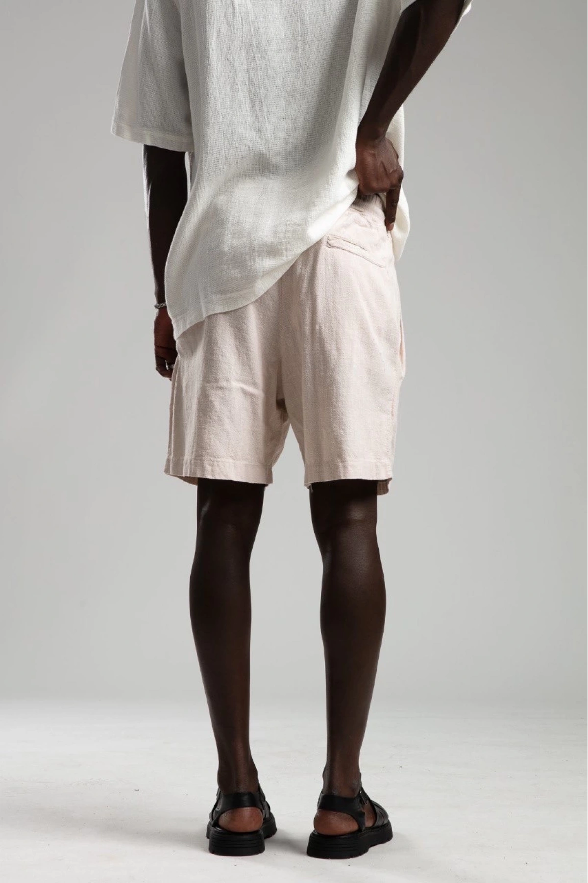 Erkek Beli Lastikli Keten Şort- Krem