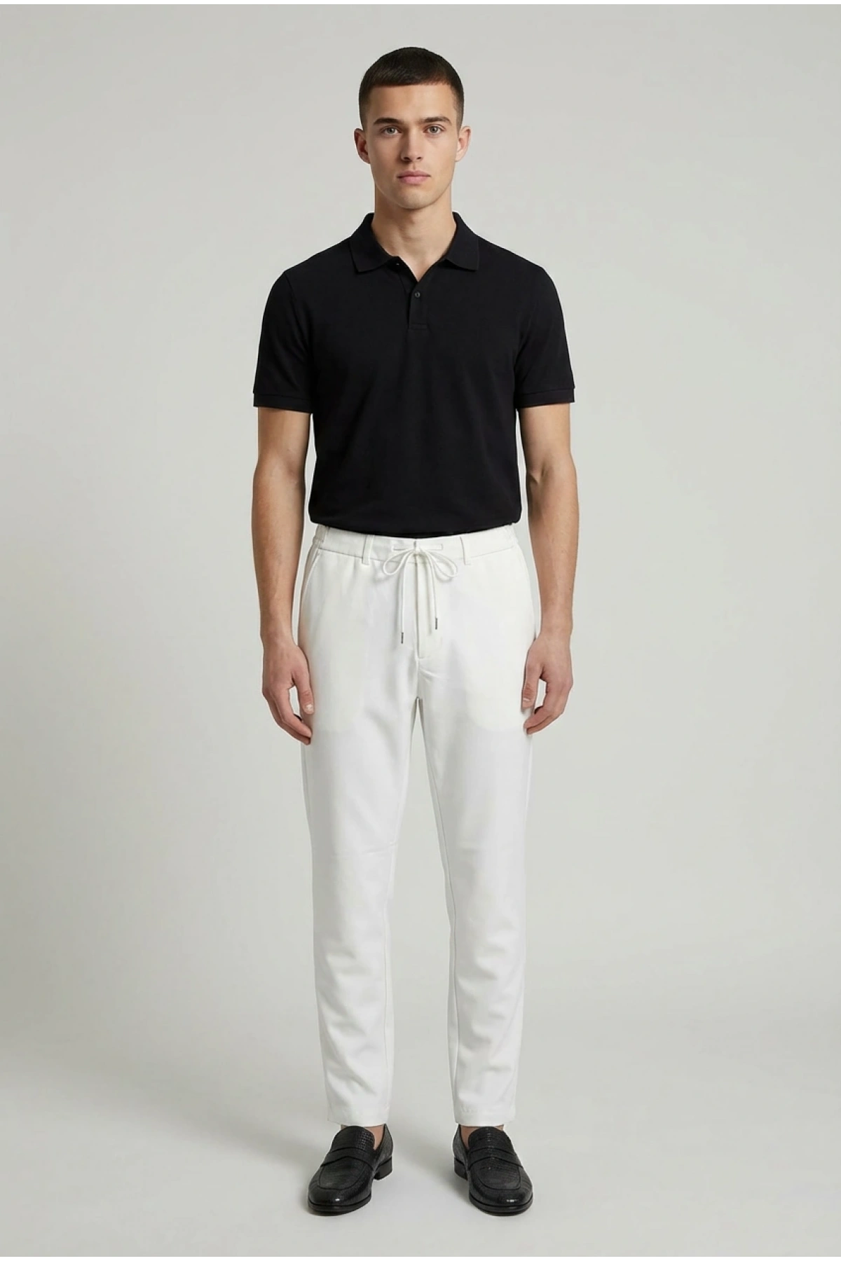 Erkek Beli Lastikli Likralı Joger Pantolon-Beyaz