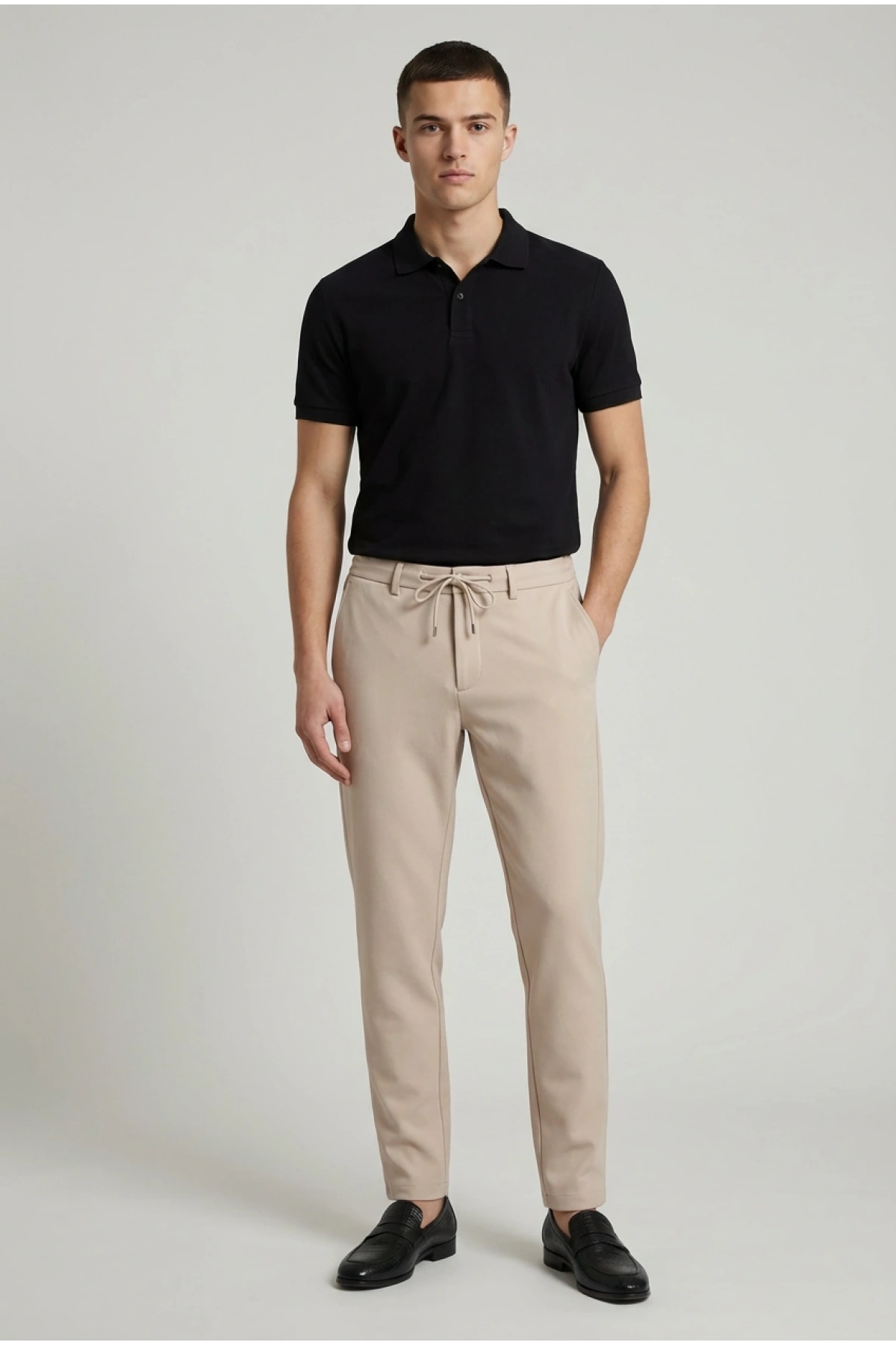 Erkek Beli Lastikli Likralı Joger Pantolon-Krem