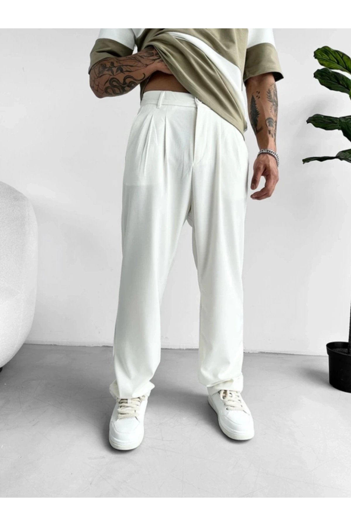 Erkek Beli Lastikli Likralı Kumaş Bagy Pantolon-Beyaz
