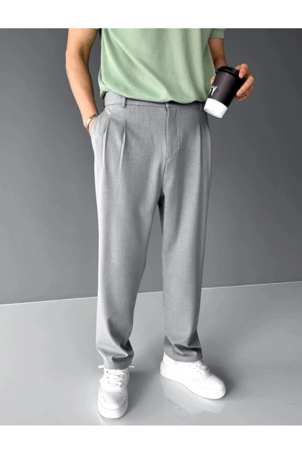 Erkek Beli Lastikli Likralı Kumaş Bagy Pantolon-Gri