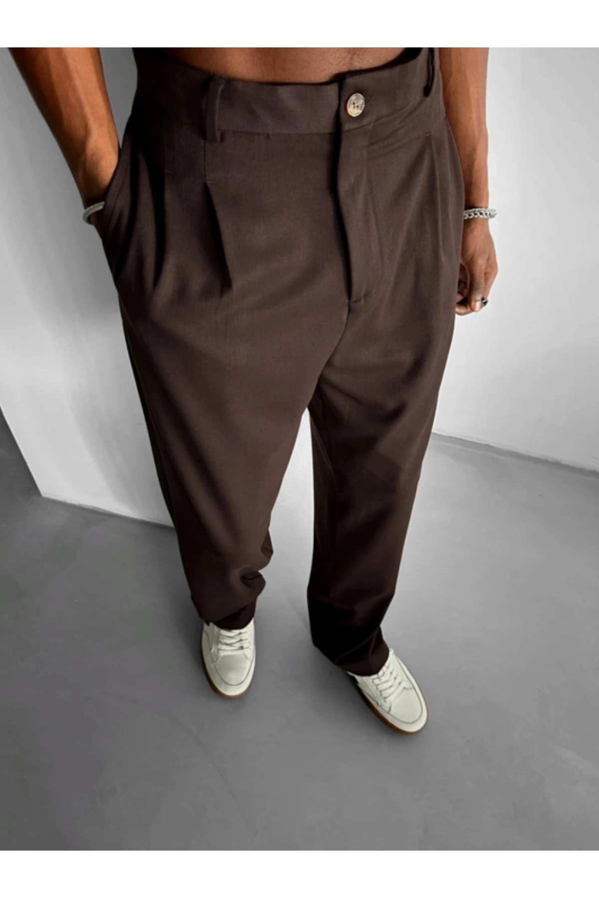 Erkek Beli Lastikli Likralı Kumaş Bagy Pantolon-Kahve