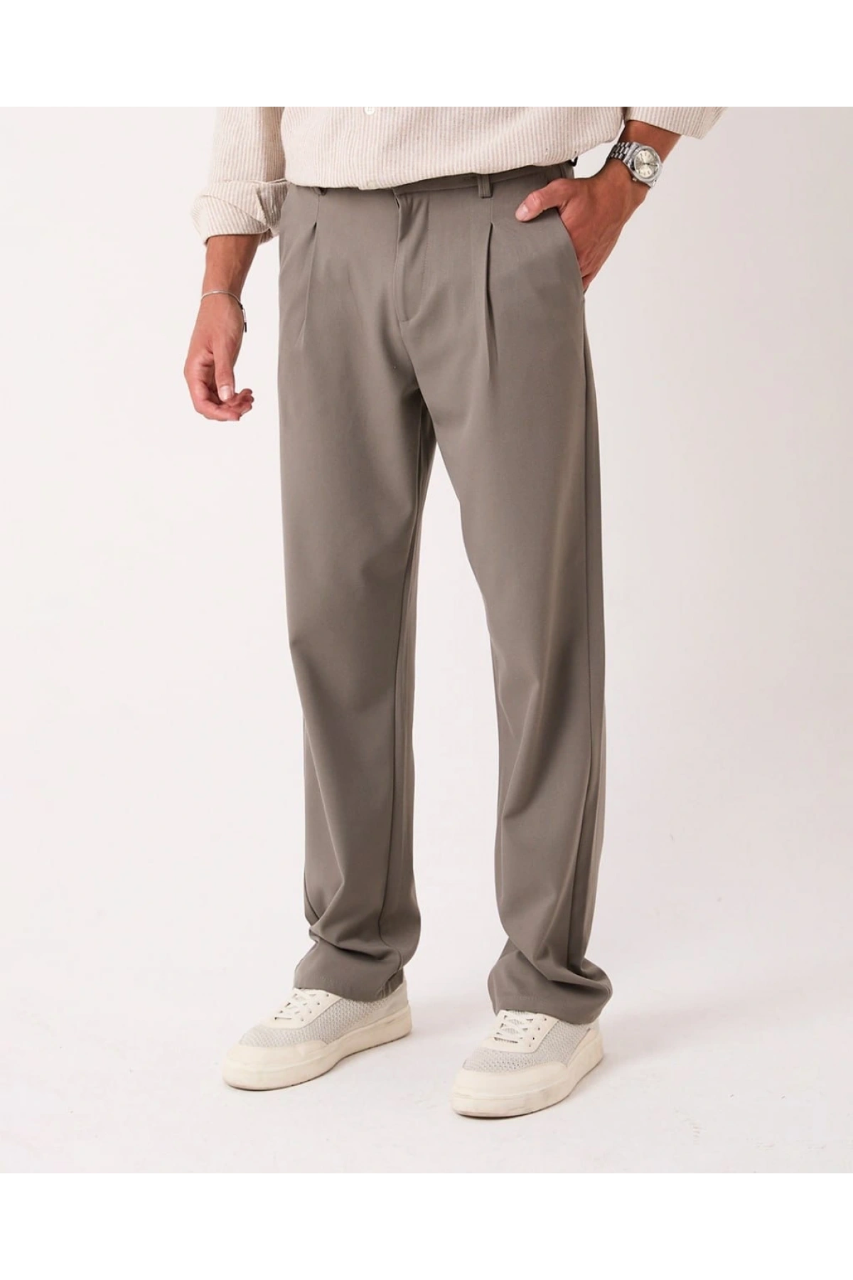 Erkek Beli Lastikli Likralı Kumaş Bagy Pantolon- Kahverengi