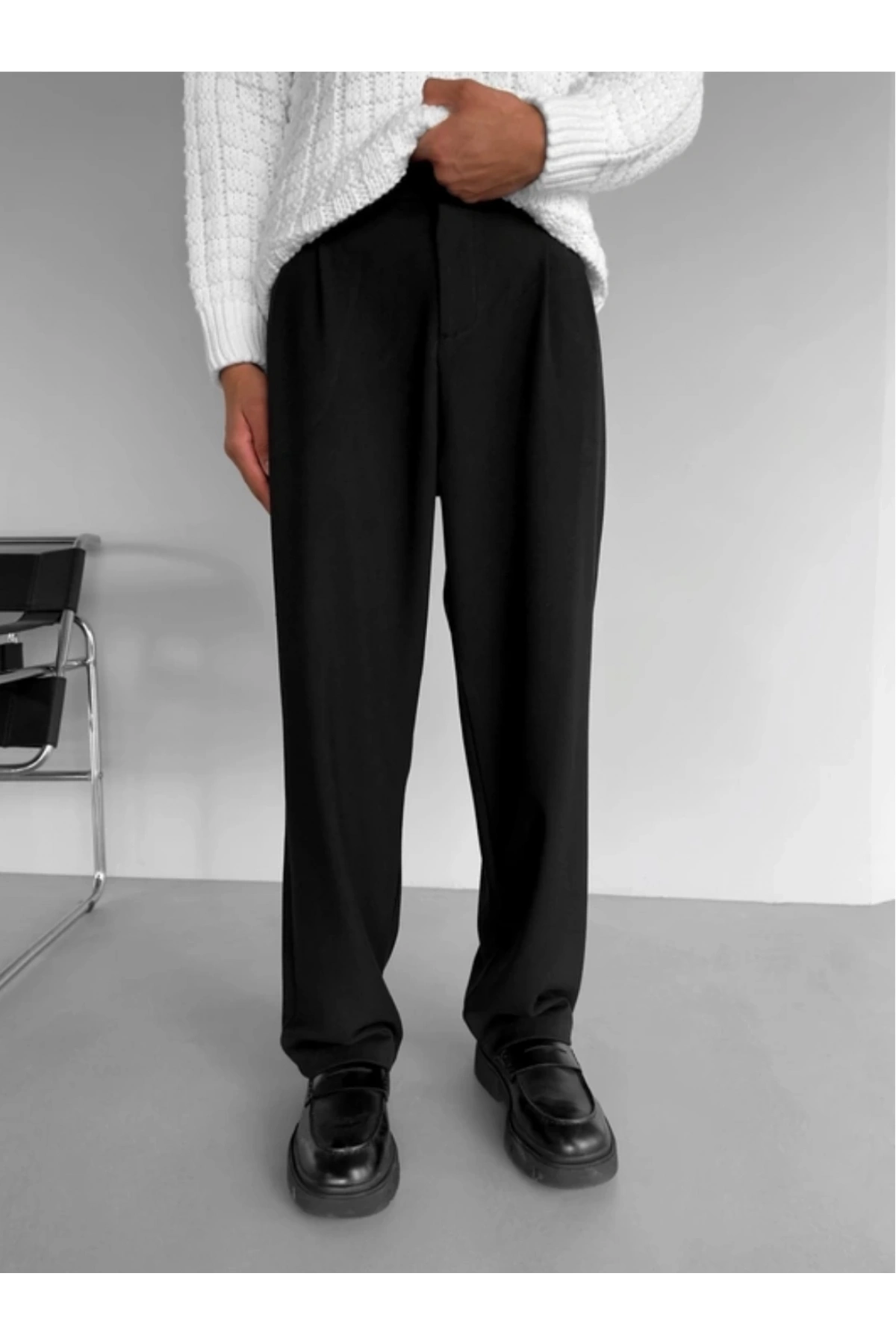 Erkek Beli Lastikli Likralı Kumaş Bagy Pantolon-Siyah