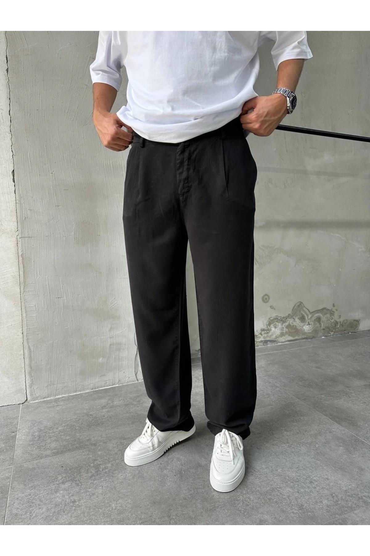 Erkek Beli Lastikli Likralı Pamuklu Bagy Pantolon-Siyah
