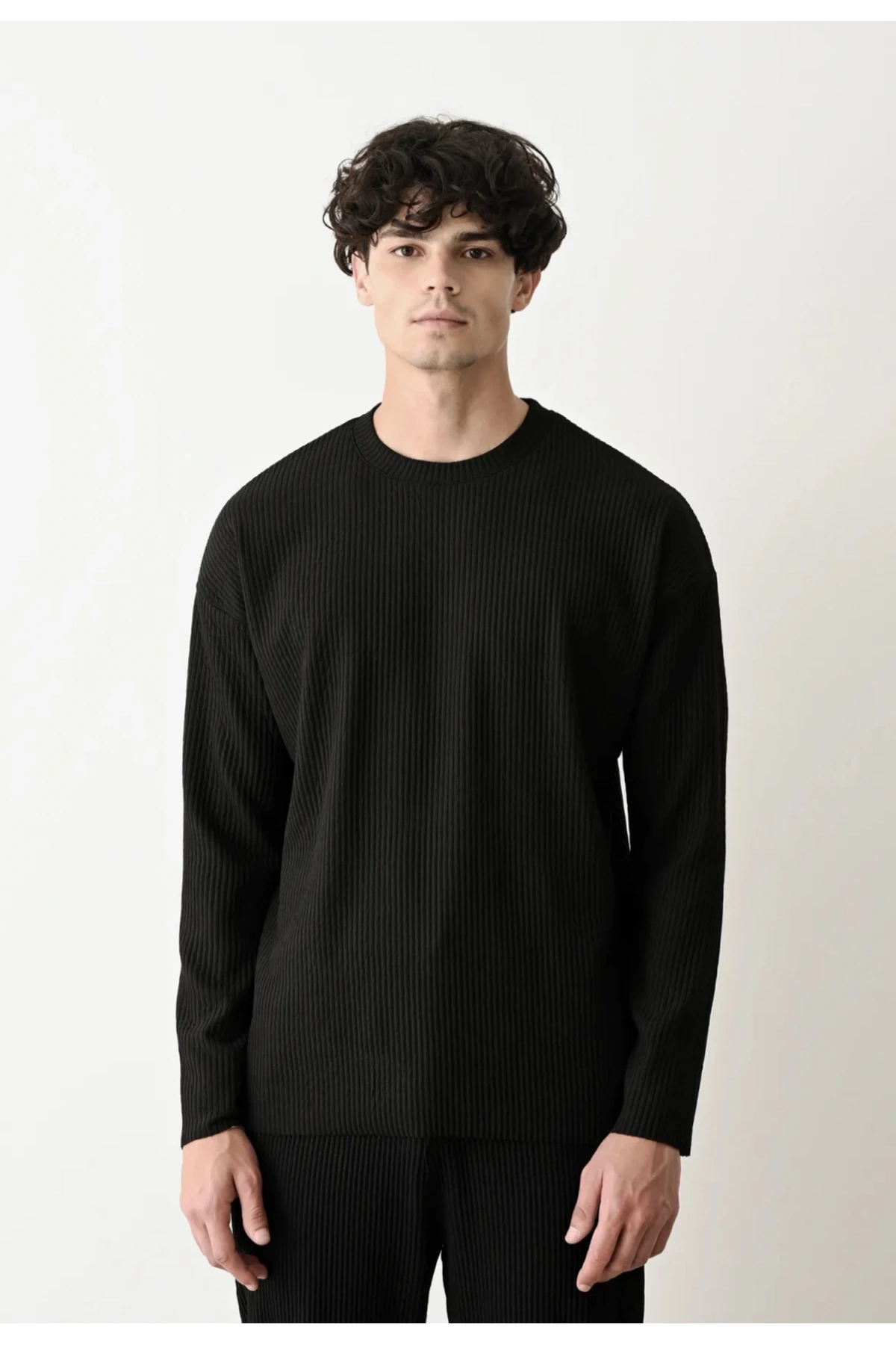 Erkek Bisiklet Yaka Fitilli Uzun Kol Owersıze Sweat-Siyah