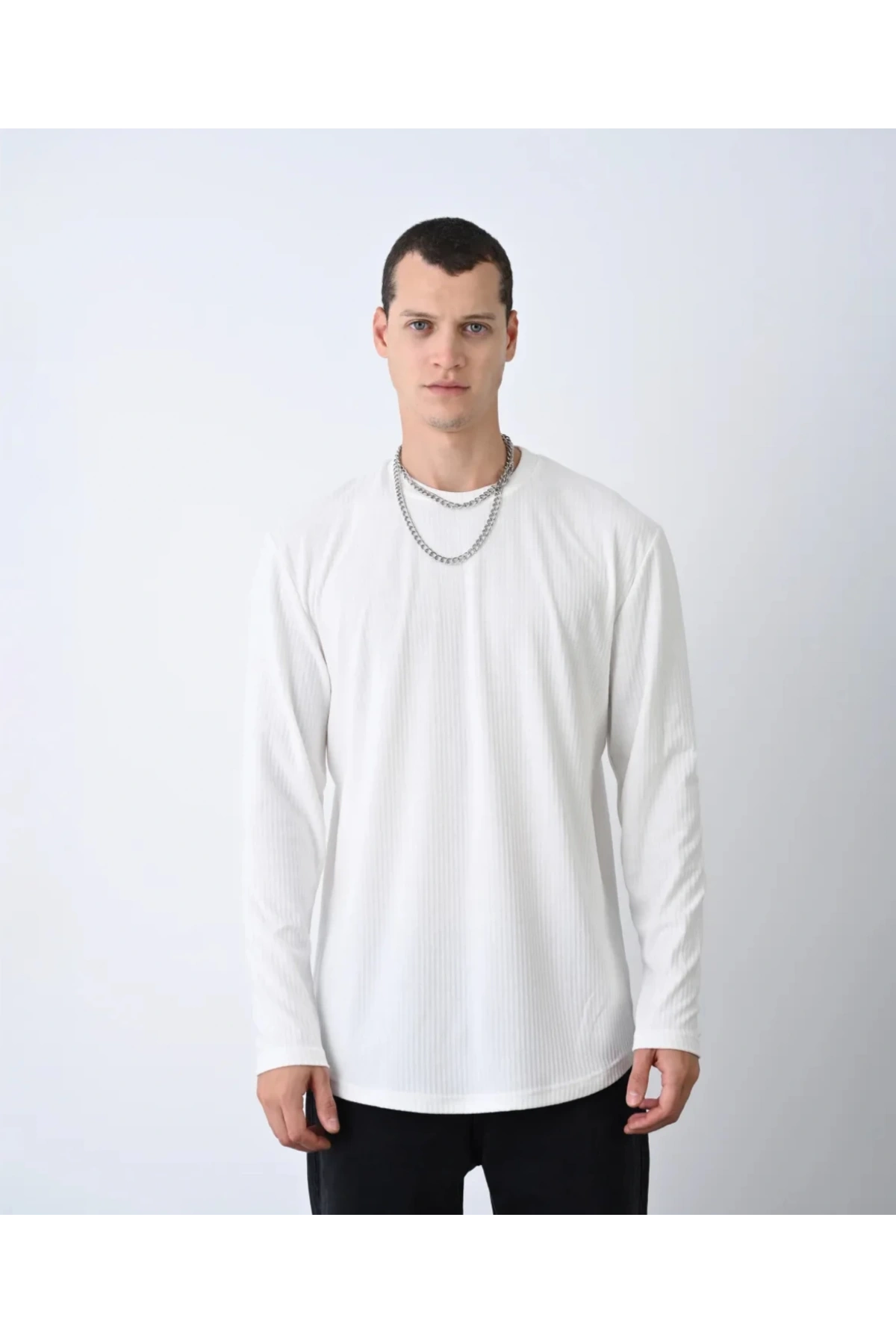 Erkek Bisiklet Yaka İnce Kendinden Çizgili Sweat - Beyaz