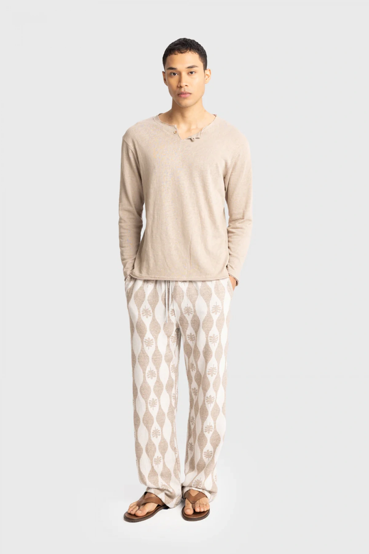 Erkek Bisiklet Yaka İnce Uzun Kol Swethsört- Bej