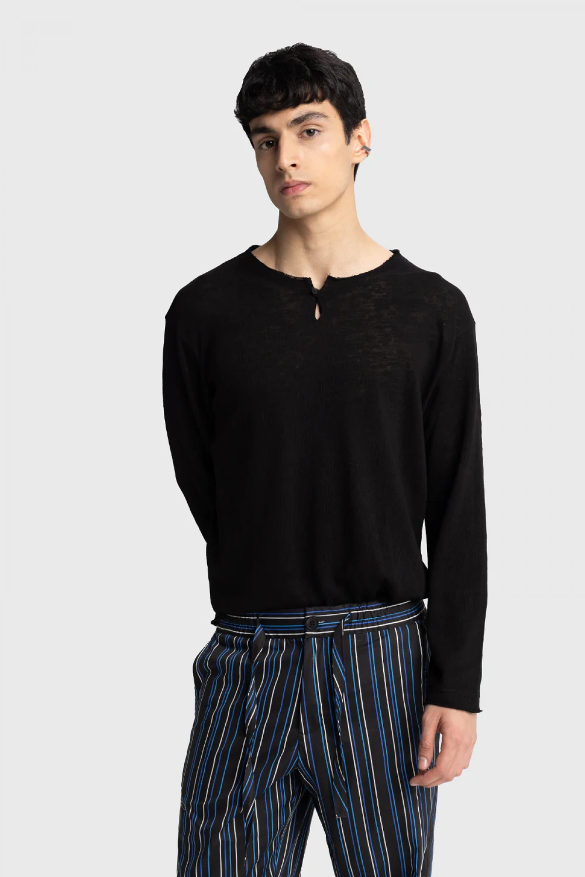 Erkek Bisiklet Yaka İnce Uzun Kol Swethsört- Siyah