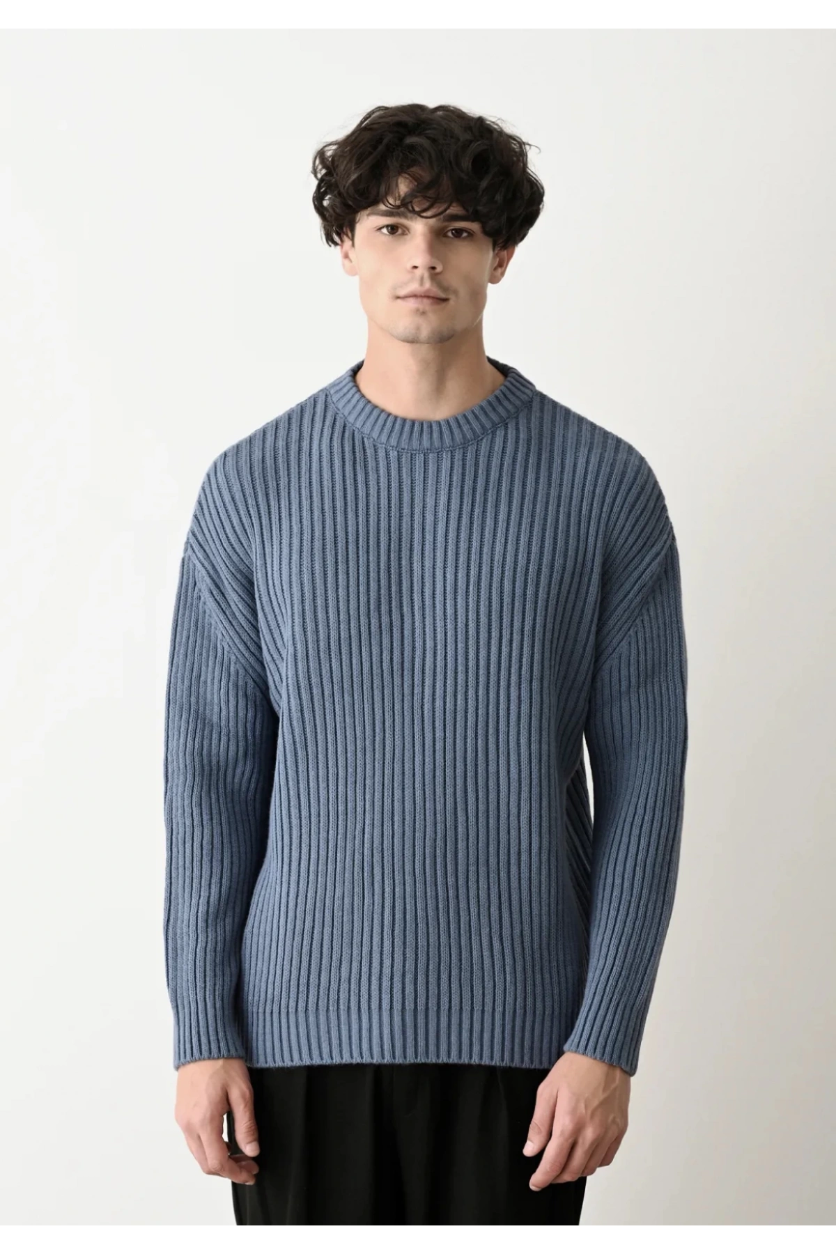 Erkek Bisiklet Yaka Owersıze Örme Triko - İndigo