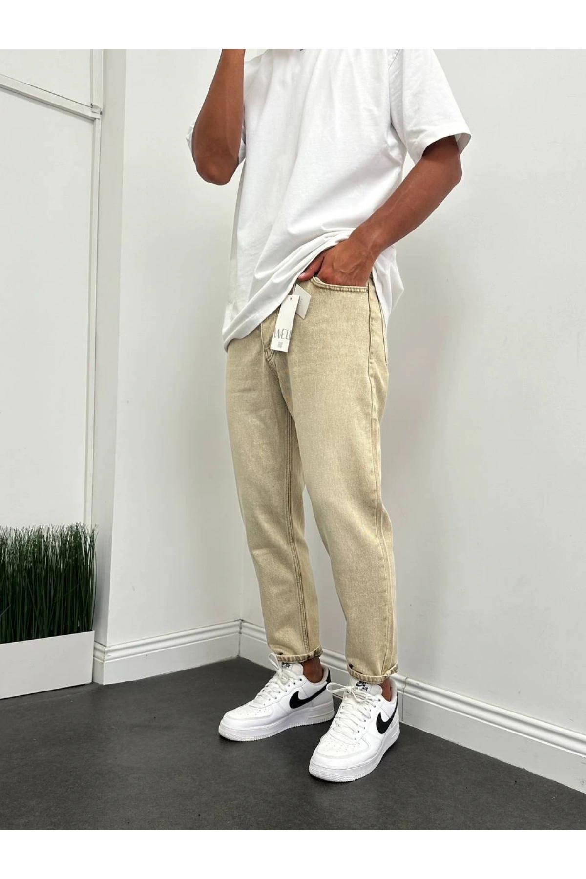 Erkek Boy Frend Likrasız Kot Pantolon- Krem