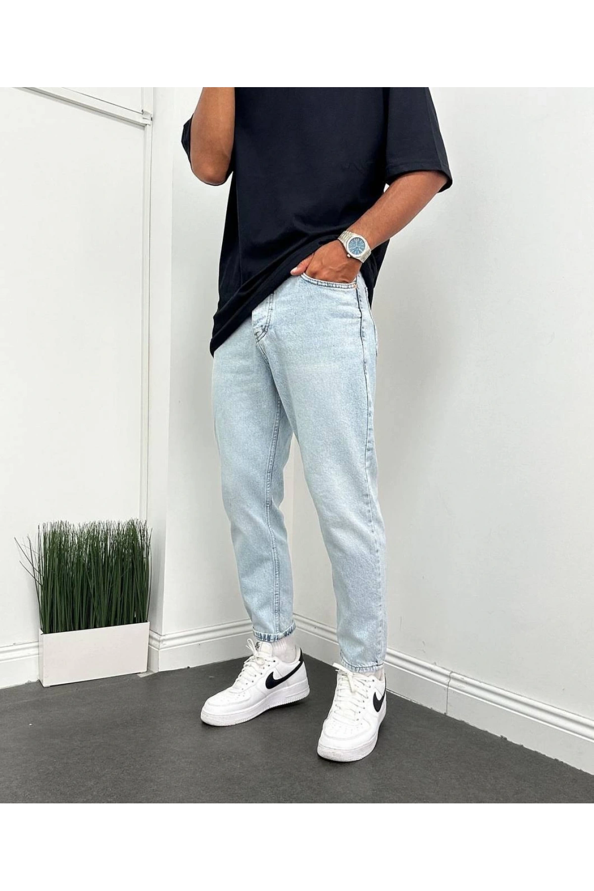 Erkek Boyfriend Kar Yıkama Likrasız Kot Pantolon - Açık Mavi