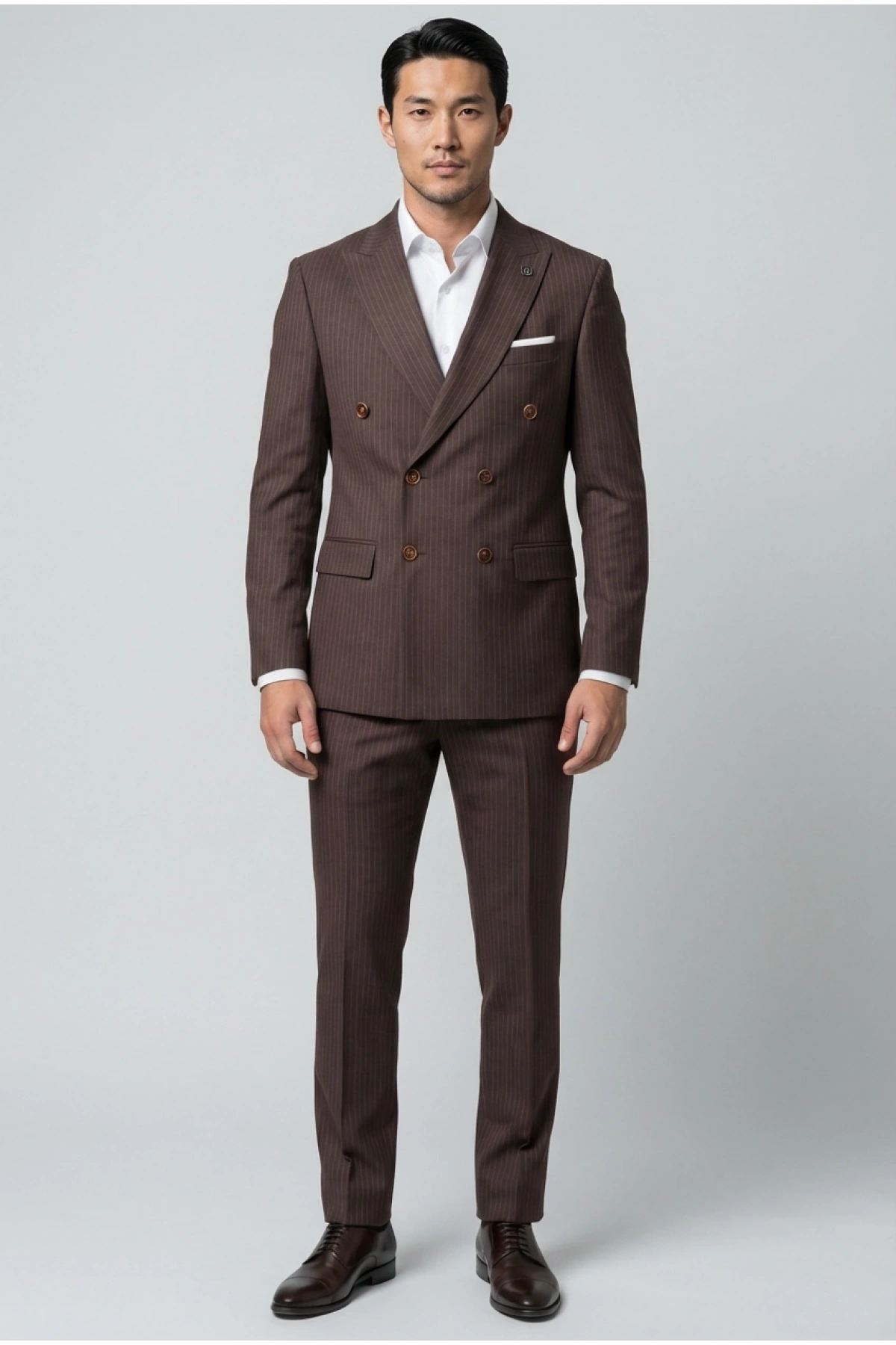 Erkek Dar Kesim Çizgili Kruvaze Takım Elbise -Kahverengi