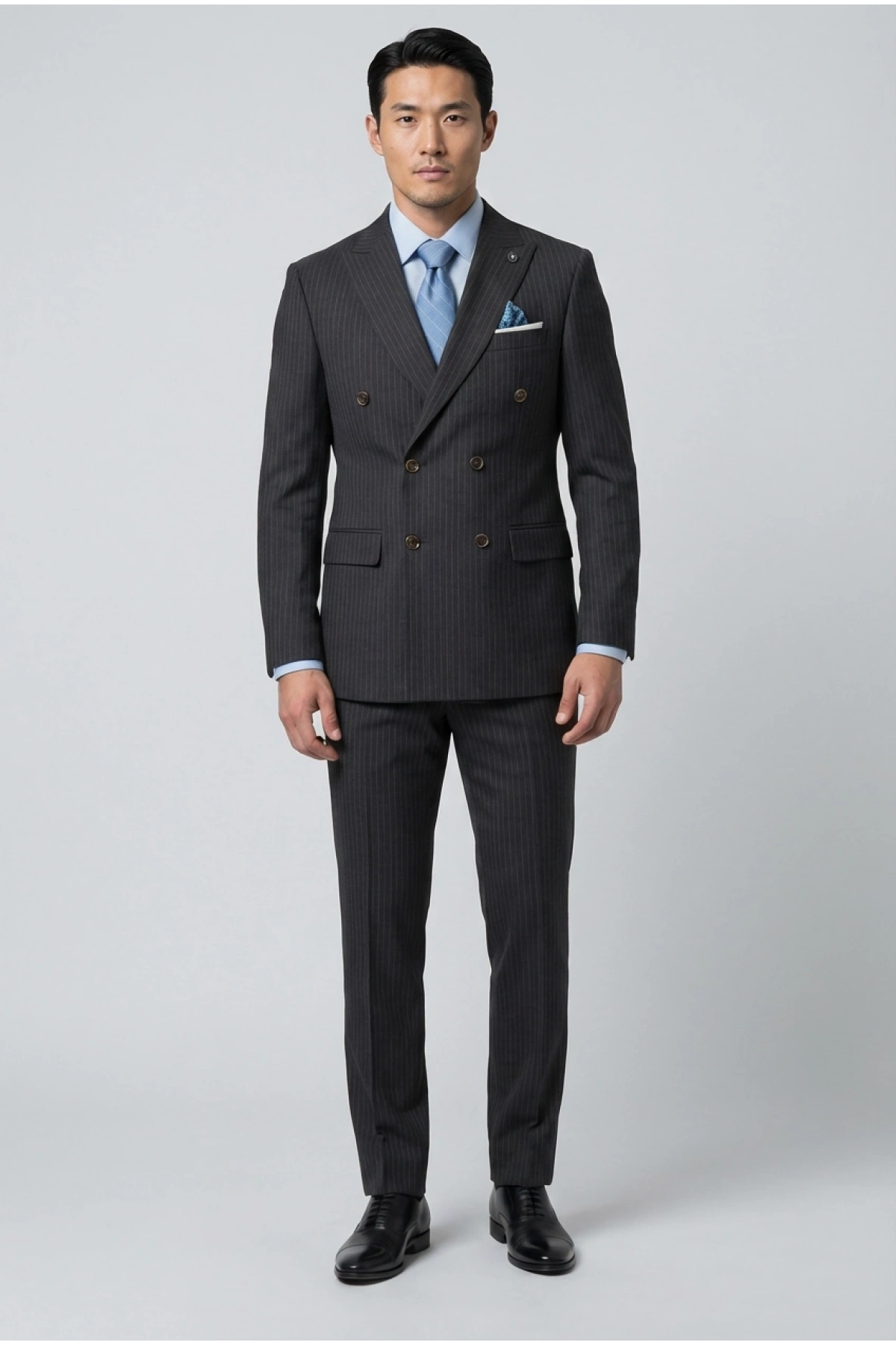 Erkek Dar Kesim Çizgili Kruvaze Takım Elbise -Lacivert