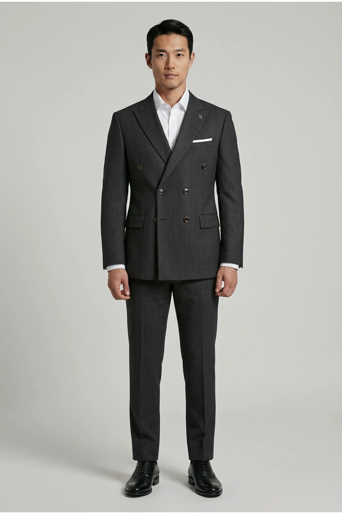 Erkek Dar Kesim Çizgili Kruvaze Takım Elbise -Siyah