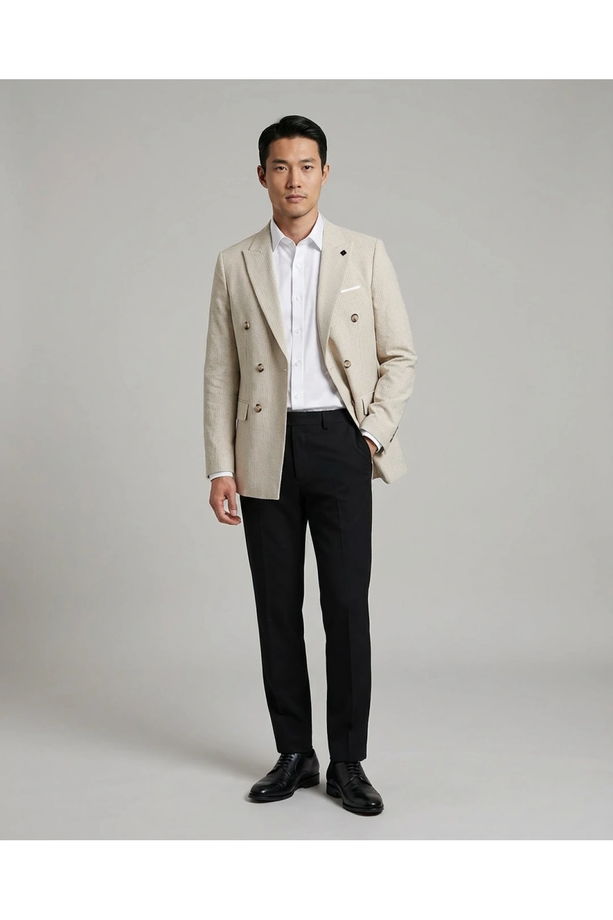 Erkek Dar Kesim Çizgili Kruvaze Tek Ceket -Krem