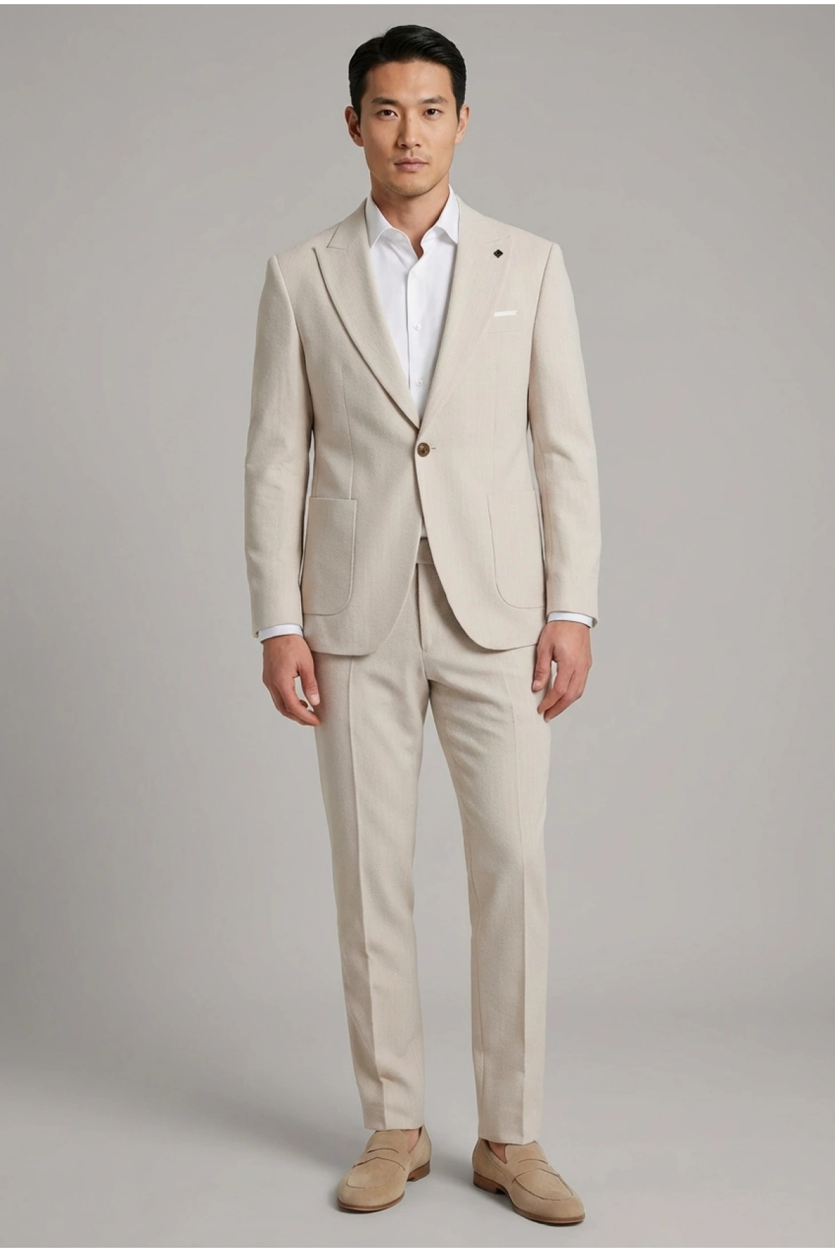 Erkek Dar Kesim Gofre Kumaş Çizgili Takım Elbise -Taş