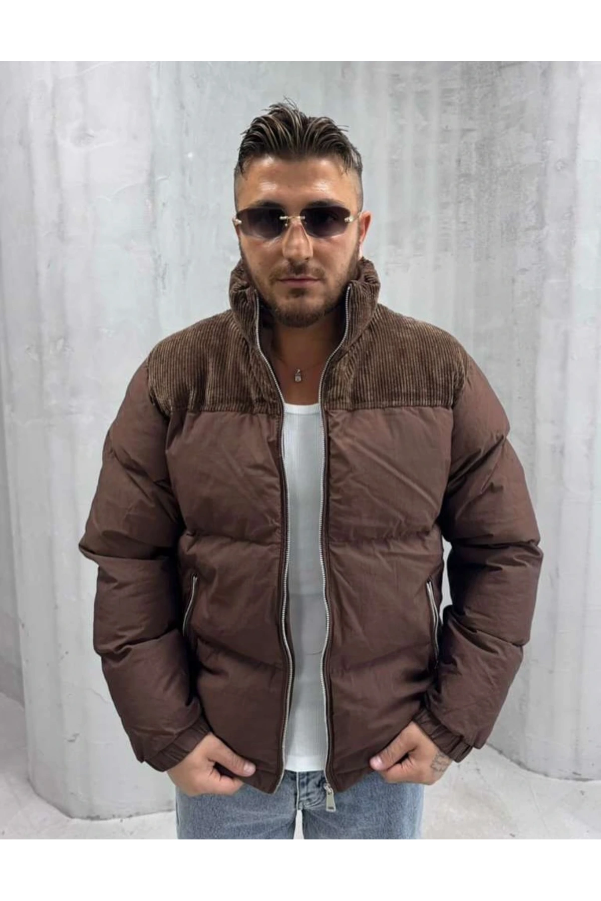 Erkek Dar Kesim Hakim Yaka Fermuarlı Şişme Mont-Kahverengi