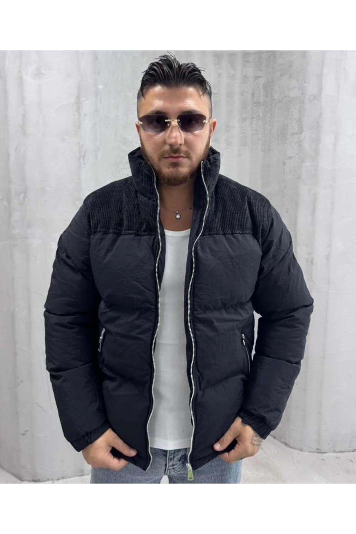 Erkek Dar Kesim Hakim Yaka Fermuarlı Şişme Mont-Siyah