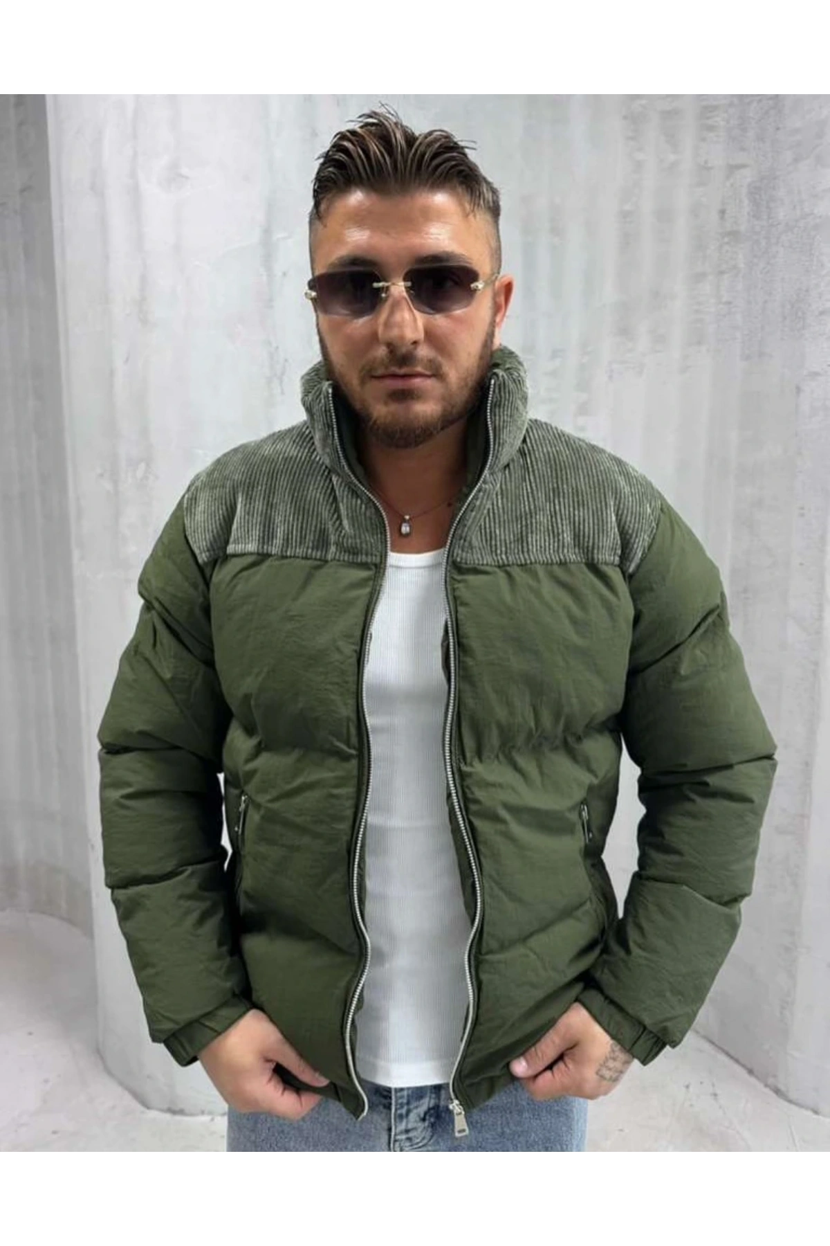 Erkek Dar Kesim Hakim Yaka Fermuarlı Şişme Mont-Yeşil