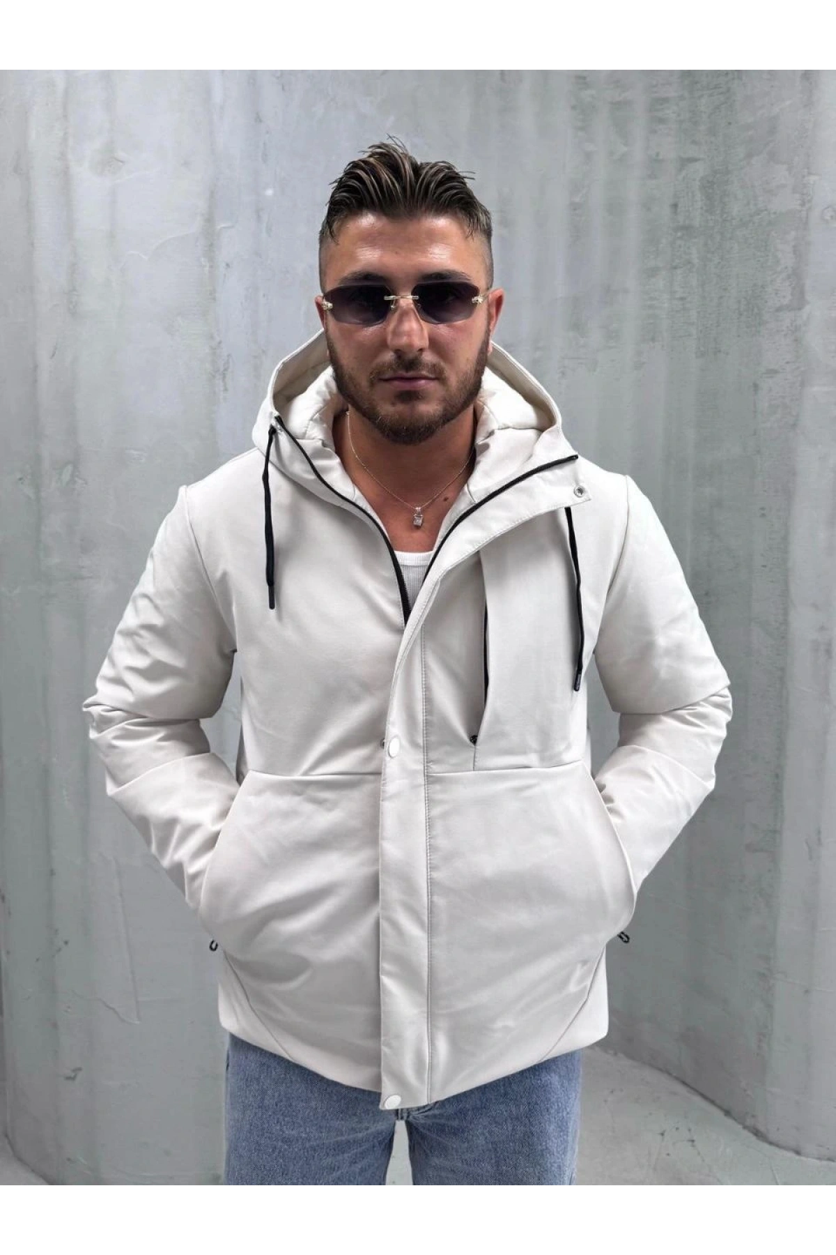 Erkek Dar Kesim Kapüşonlu İçi Kapitoneli Mont-Krem