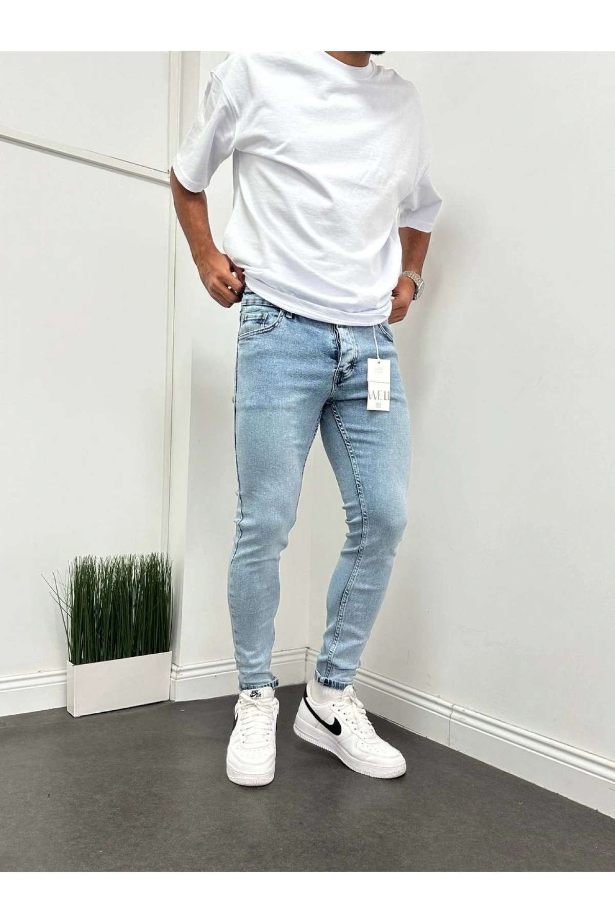 Erkek Dar Kesim Kar Yıkamalı Silim fit Likralı Kot Pantolon-A Mavi