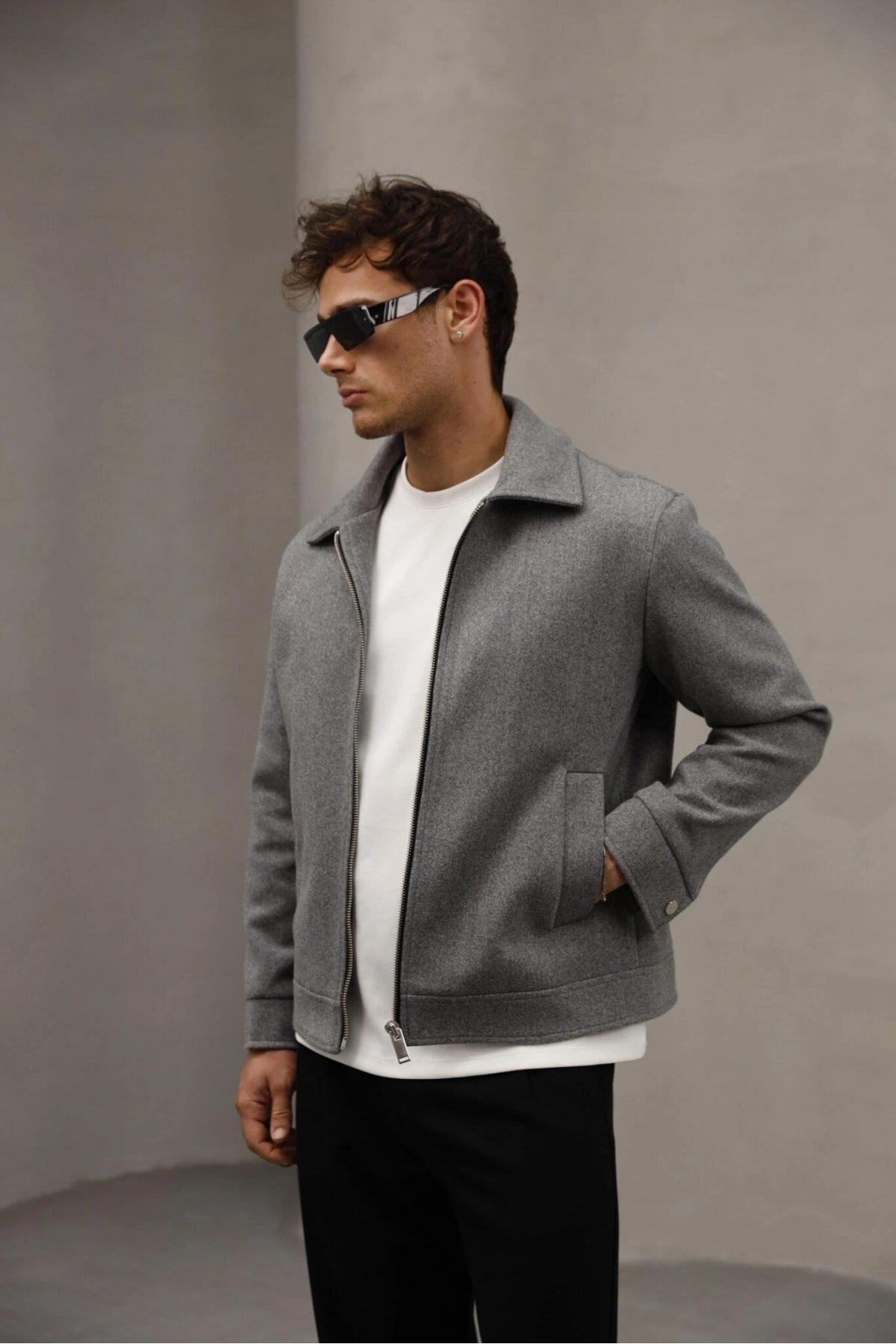 Erkek Dar Kesim Kaşe Mont -Gri